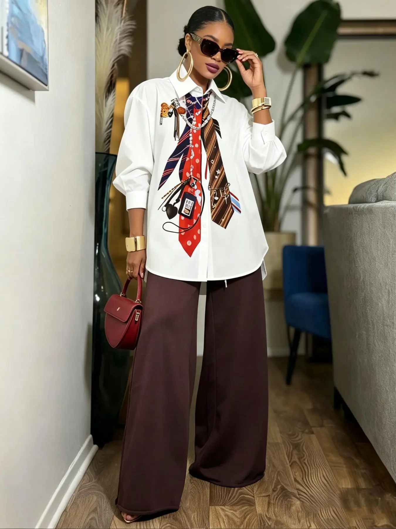 Women's Creative Accessory Print Long Sleeve Shirt Blouses, Oversize Loose Fit, Button Front, Pocket Design, Retro Pattern, Multicolor Options