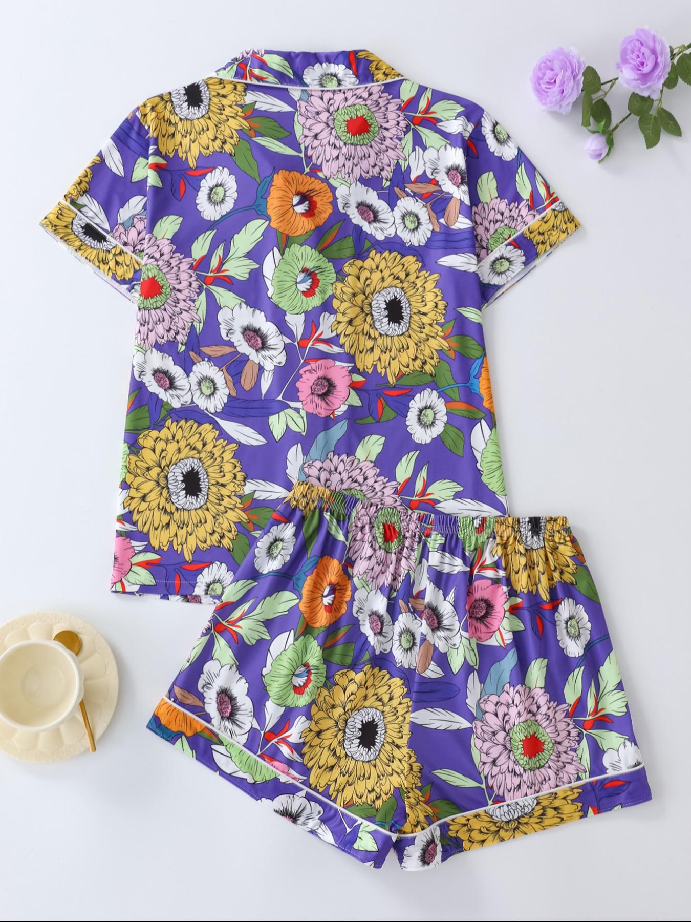 Women's Floral Print Lapel Neck Button Front Shirt & Elastic Waist Shorts Pyjama Two-piece Set, Casual Comfy Short Sleeve Pocket Top & Shorts Pj Set, Ladies Summer Sleepwear, Cute Pajama Sets Women, Pajamas, Button Closure Top