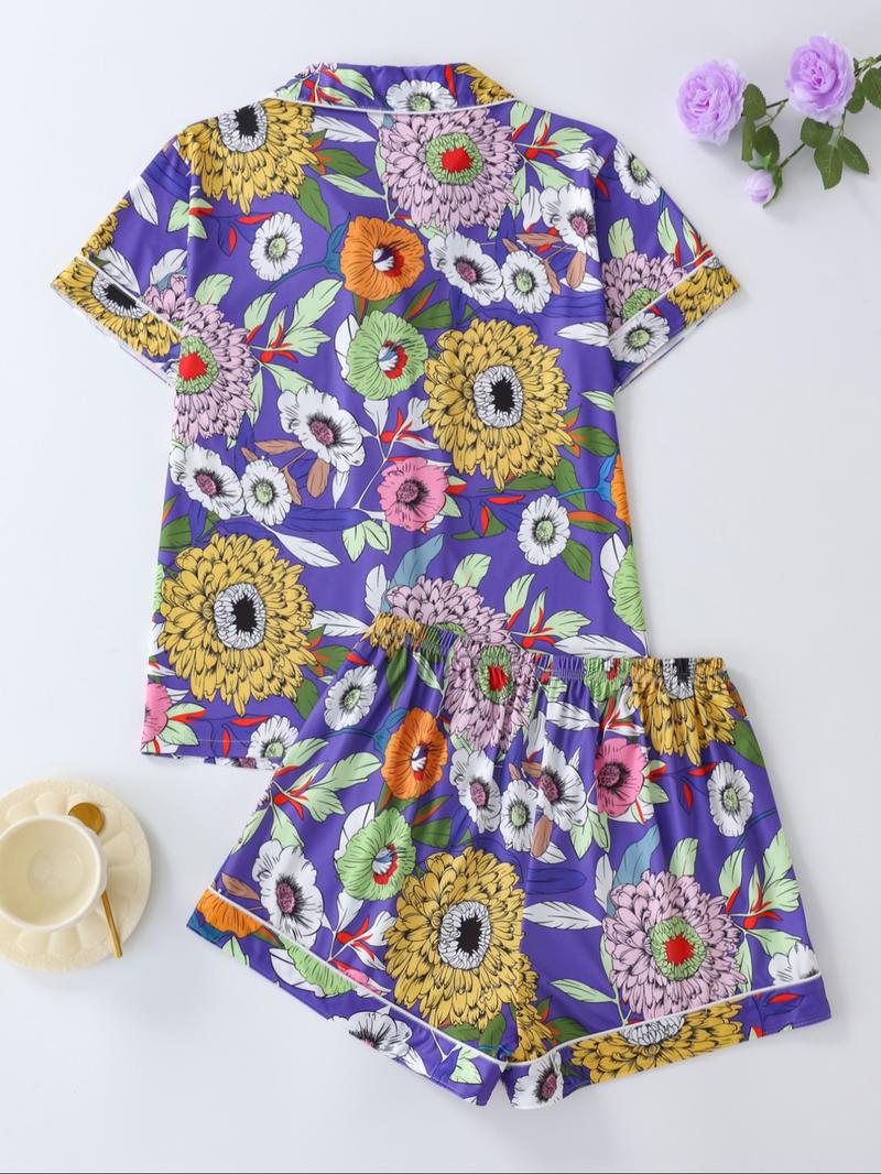 Women's Floral Print Lapel Neck Button Front Shirt & Elastic Waist Shorts Pyjama Two-piece Set, Casual Comfy Short Sleeve Pocket Top & Shorts Pj Set, Ladies Summer Sleepwear, Cute Pajama Sets Women, Pajamas, Button Closure Top