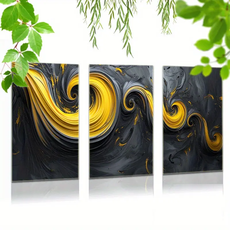Abstract Art 3-Piece Yellow and Black Swirls Canvas Print Set - Modern Home Decor Wall Art for Living Room, Office Indoor Use, Artistic