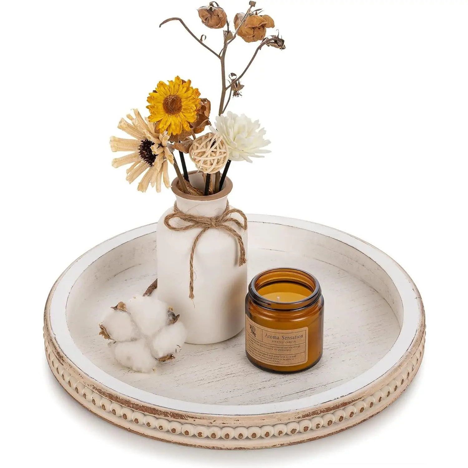 Decorative Tray for Coffee Table: 10.5-Inch Round Whitewashed Wood Tray for Rustic Farmhouse Living Room Kitchen Island Entryway Home Decor