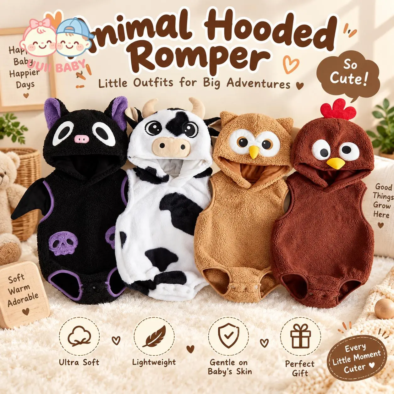 Animal-themed baby onesie featuring a sleeveless, plush hooded design; available in bat, cow, owl, or turkey styles—perfect for fun Halloween dressing up.