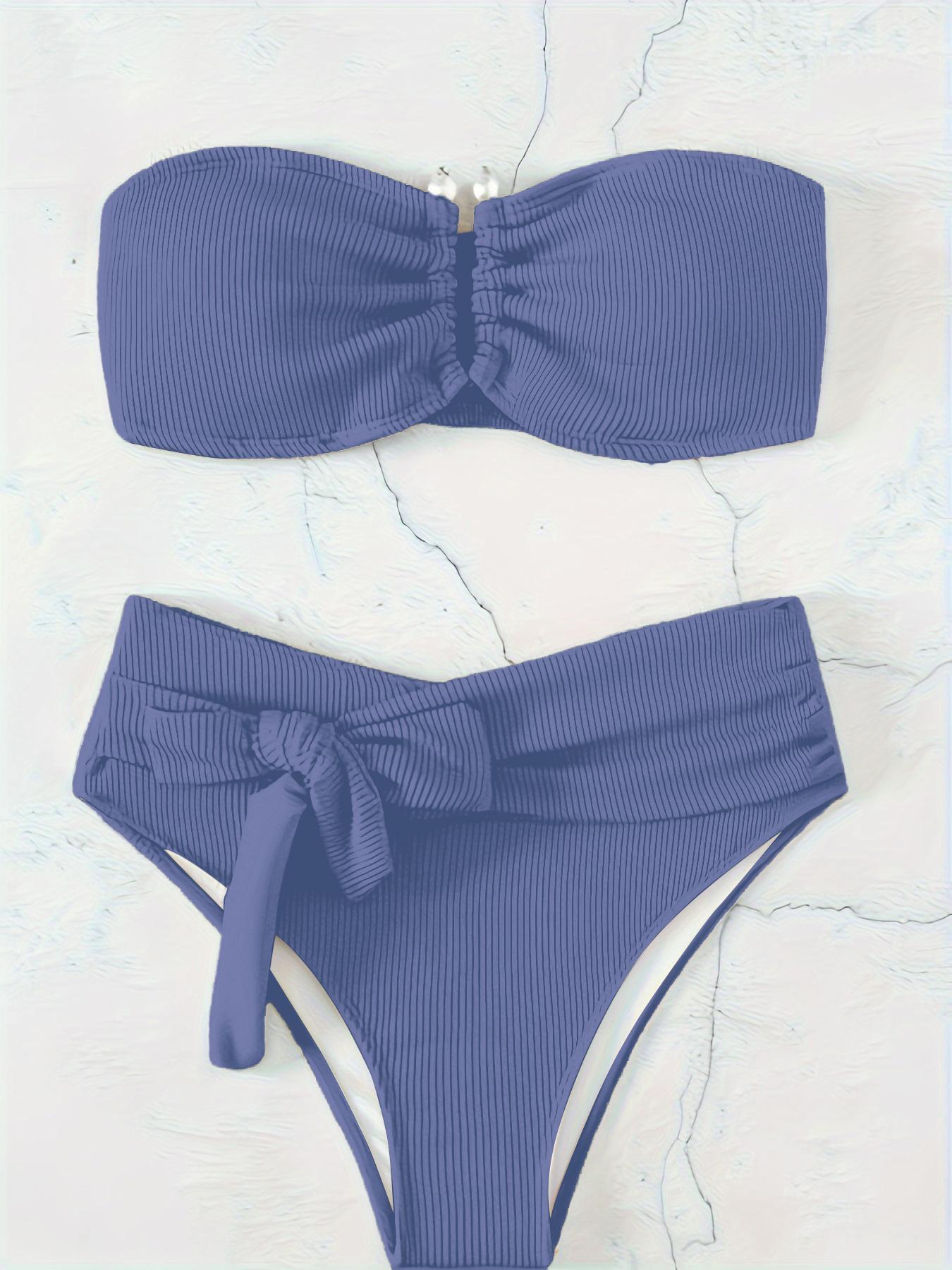 Two-Piece Set Women's Solid Ruched Bandeau Bra & Knot Front Panty Bikini Set, Bandeau Bikini Sets, Casual Sleeveless Swim Top & Swim Bottom Swimsuit Set, Ladies Summer Swimwear for Beach Holiday Vacation