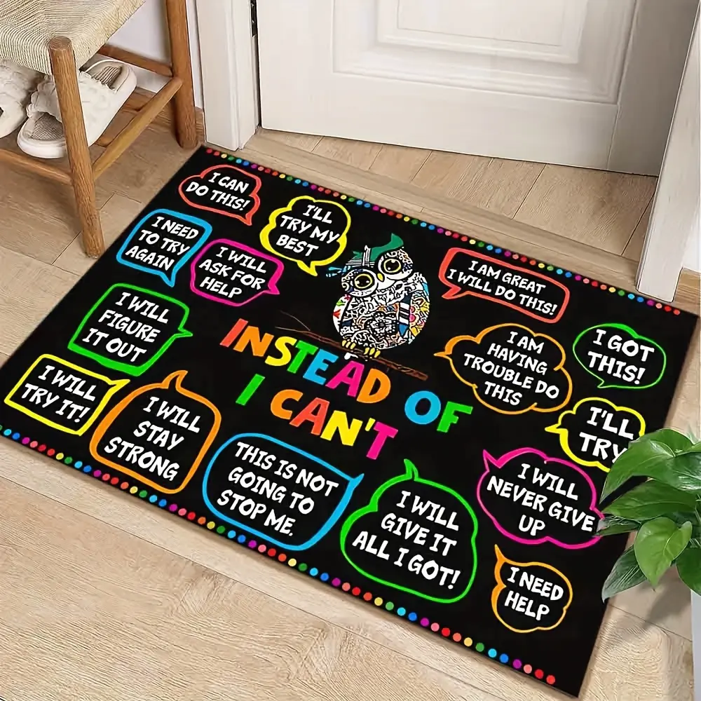 1 Inspirational Owl Doormat with Inspirational Phrase - Colorful Non-Slip for Home Decor, Entrance, Lobby, Bathroom and Balcony in "I Need Strength" and "I Can Do It" Designs