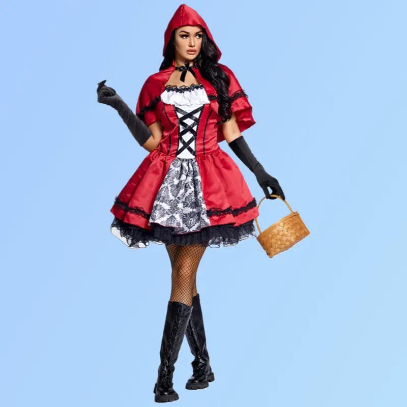 Little Red Riding Hood Costume Set Short Cape Dress Outfit for Halloween Masquerade Party Stage Performance