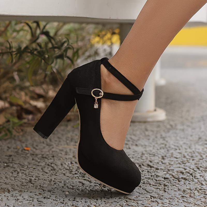 Elegant Women's High Heels - Chunky Heel, Round Toe Pumps in Black & Red|       Breathable Fabric with Sparkle Detail|       Versatile for Weddings, Work & Casual Wear