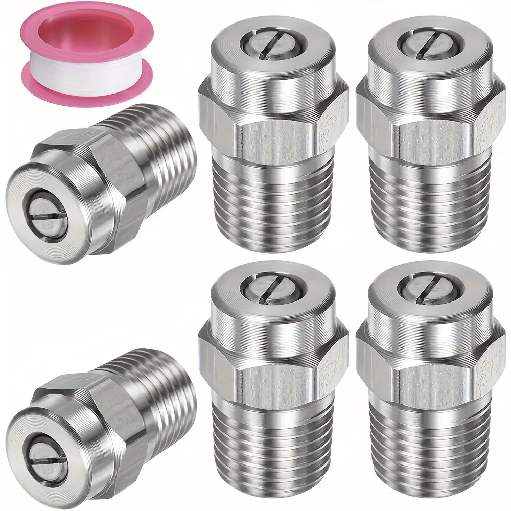 6-Piece High-Strength Stainless Steel Nozzle Set - 40-Degree Fan-Shaped Universal Water Gun Head - 1/4" Connection - Includes Sealing Tape - Compatible with Water Guns, Garden & Lawn Care, Outdoor Cleaning Accessories, Garden Cleaning Tools - Durable Pres