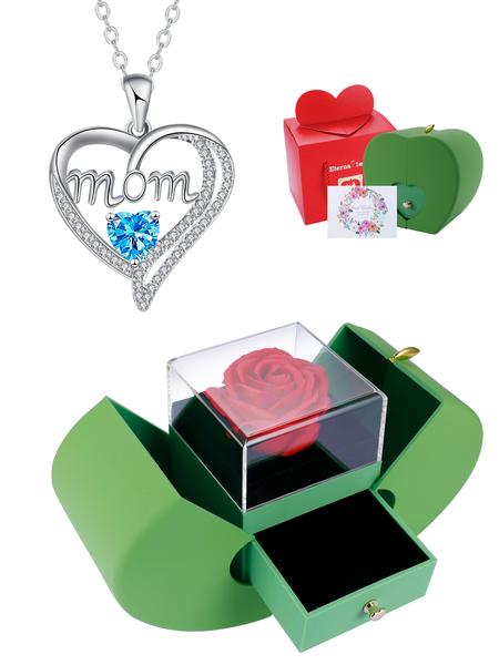 Apple Shape Rose Jewelry Gift Box With Love Heart Mom Pendant Necklace, Anniversary Birthday Jewelry First Mom Gifts for Women Wife, Mother's Day Jewelry Gift for Mom Heart Design Necklace