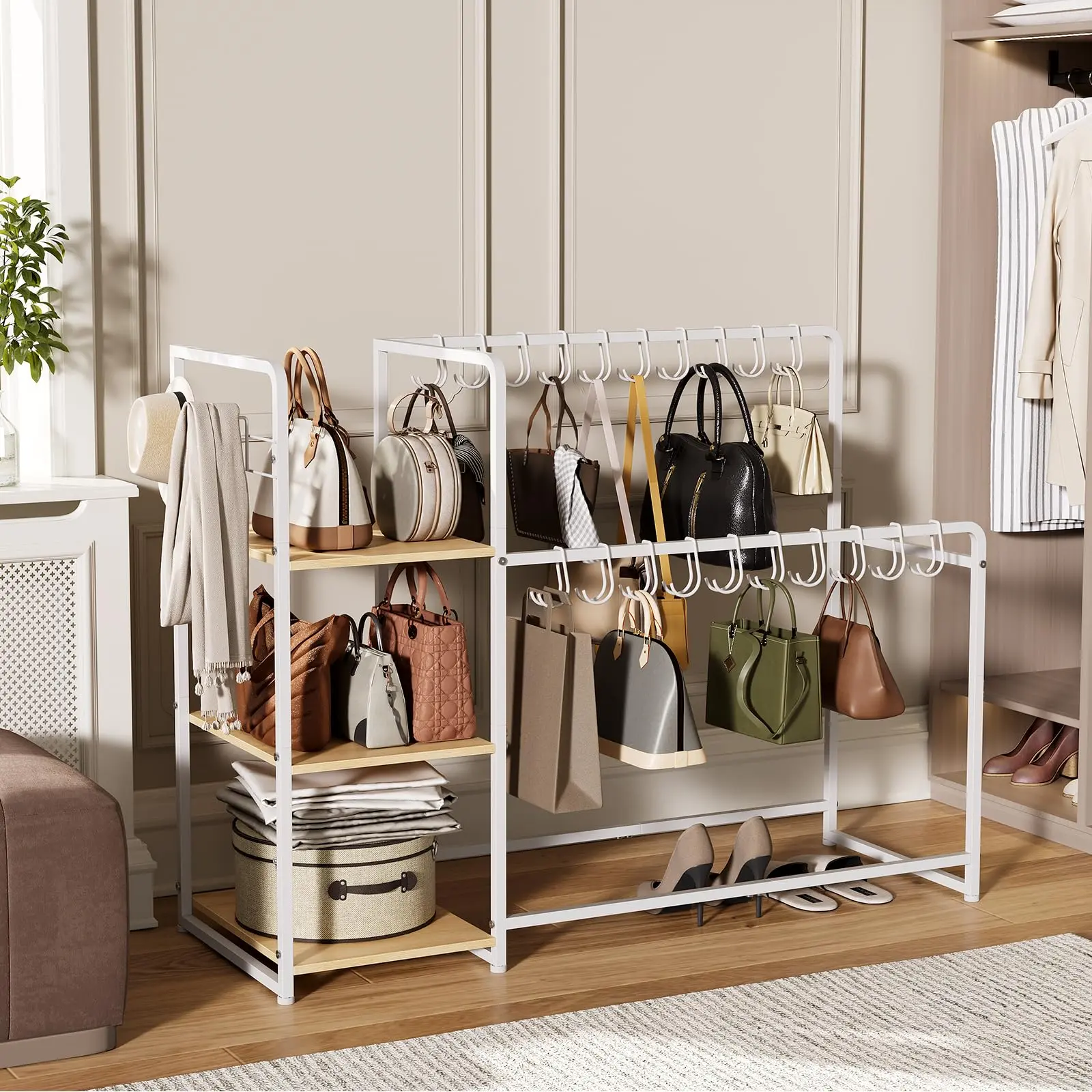 Spacious 3-Tier Purse Organizer Rack, Includes 20 Hangers, 3 Side Hooks & Rolling Casters, Large Wooden Handbag Storage Shelf, Ideal for Closet, Bedroom & Entryway, Black & Vintage Finish