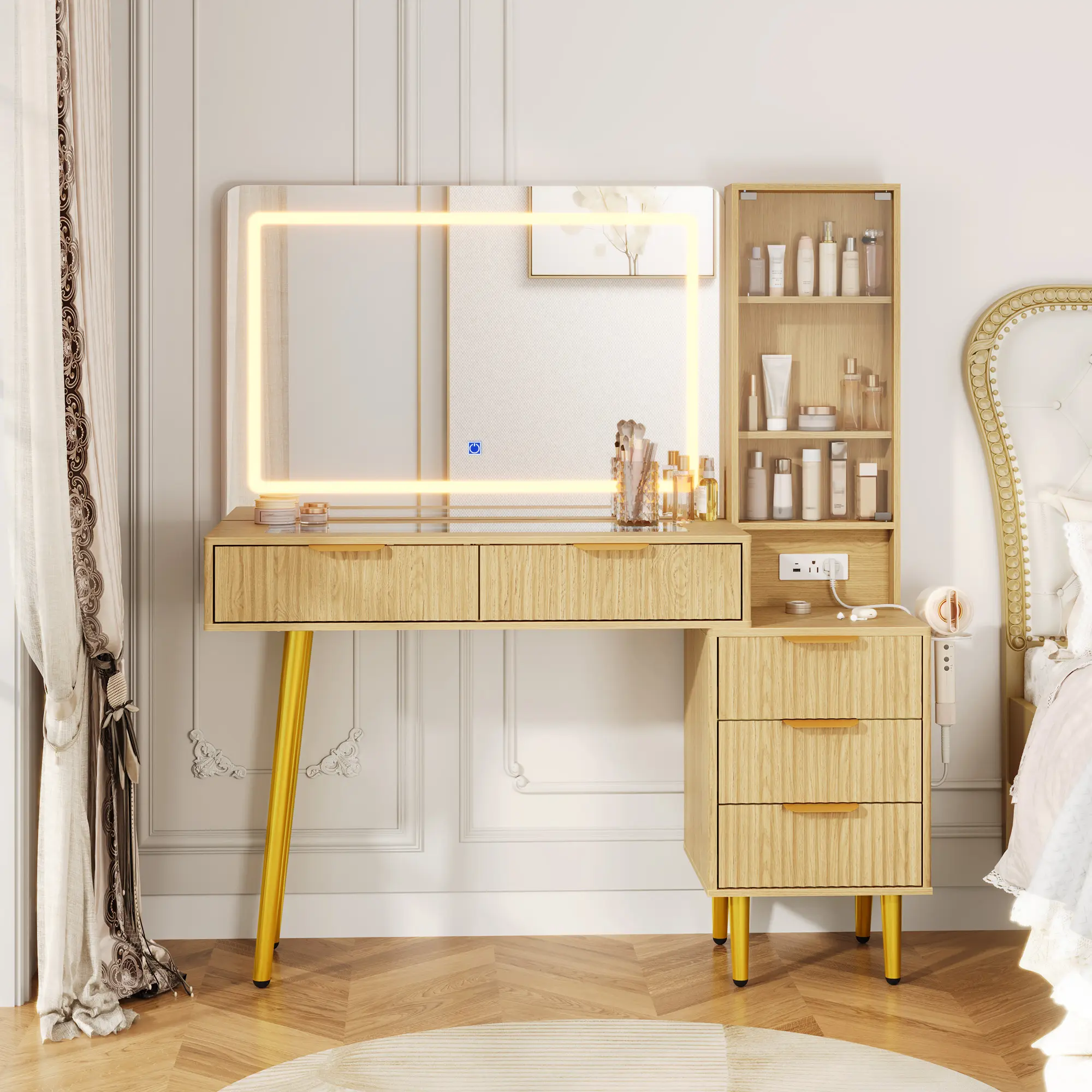 Gaomon Fluted Edge Vanity Desk with LED Lighted Mirror, Glass Top, Drawers, Shelves, Charging Station - Large Size Modern Oak Vanity with Mirror for Women's Bedroom