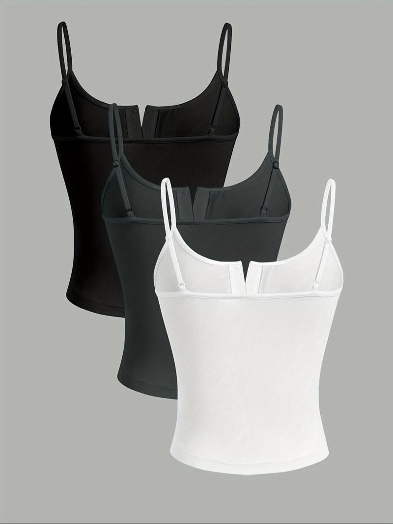 26 Valentine's Day 3pcs Women's Casual Fashion Sports Multi Button Round Neck Solid Color Strap Top Mixed Three Piece Set