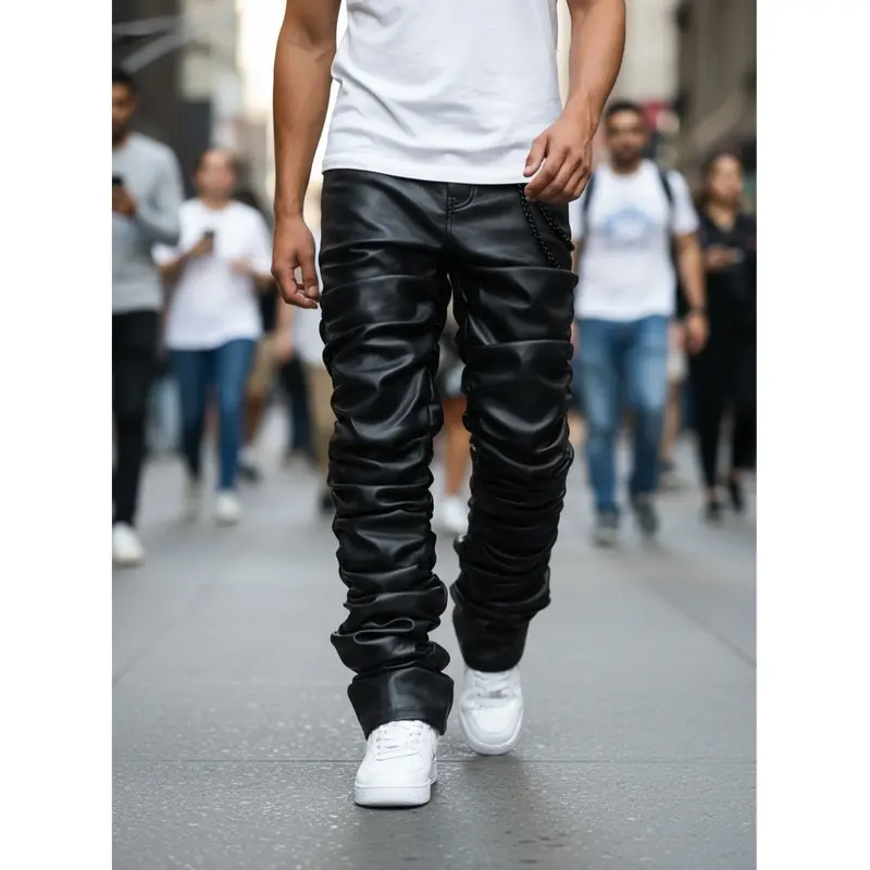 H259  Men'S Denim-Coated Leather Pants, Fashion Trend Style, Street Casual Straight-Leg Pants