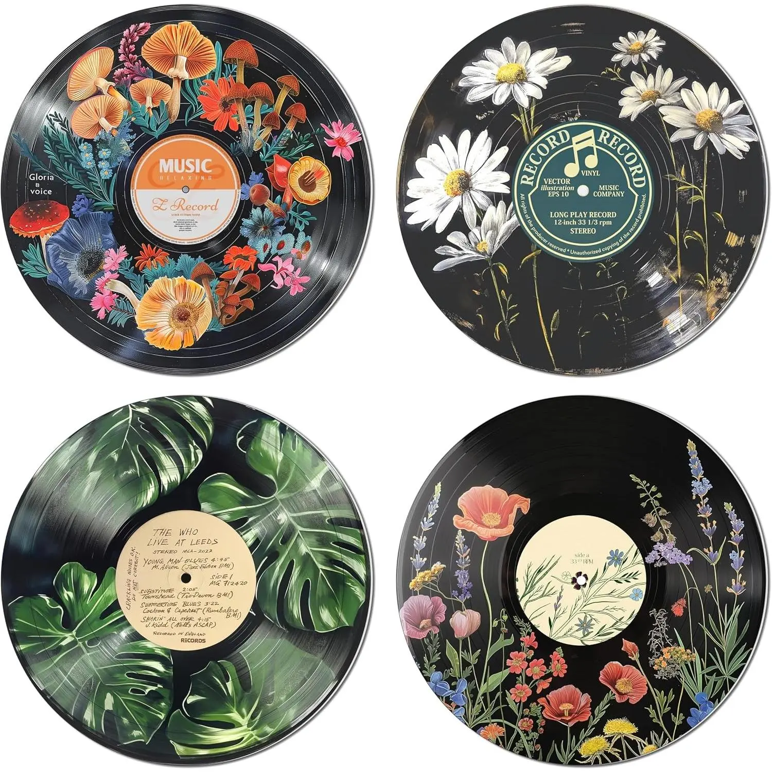 Hippie Decor, Posters for Room Aesthetic - Botanical Wall Art, Record Decor, 4pcs 12"