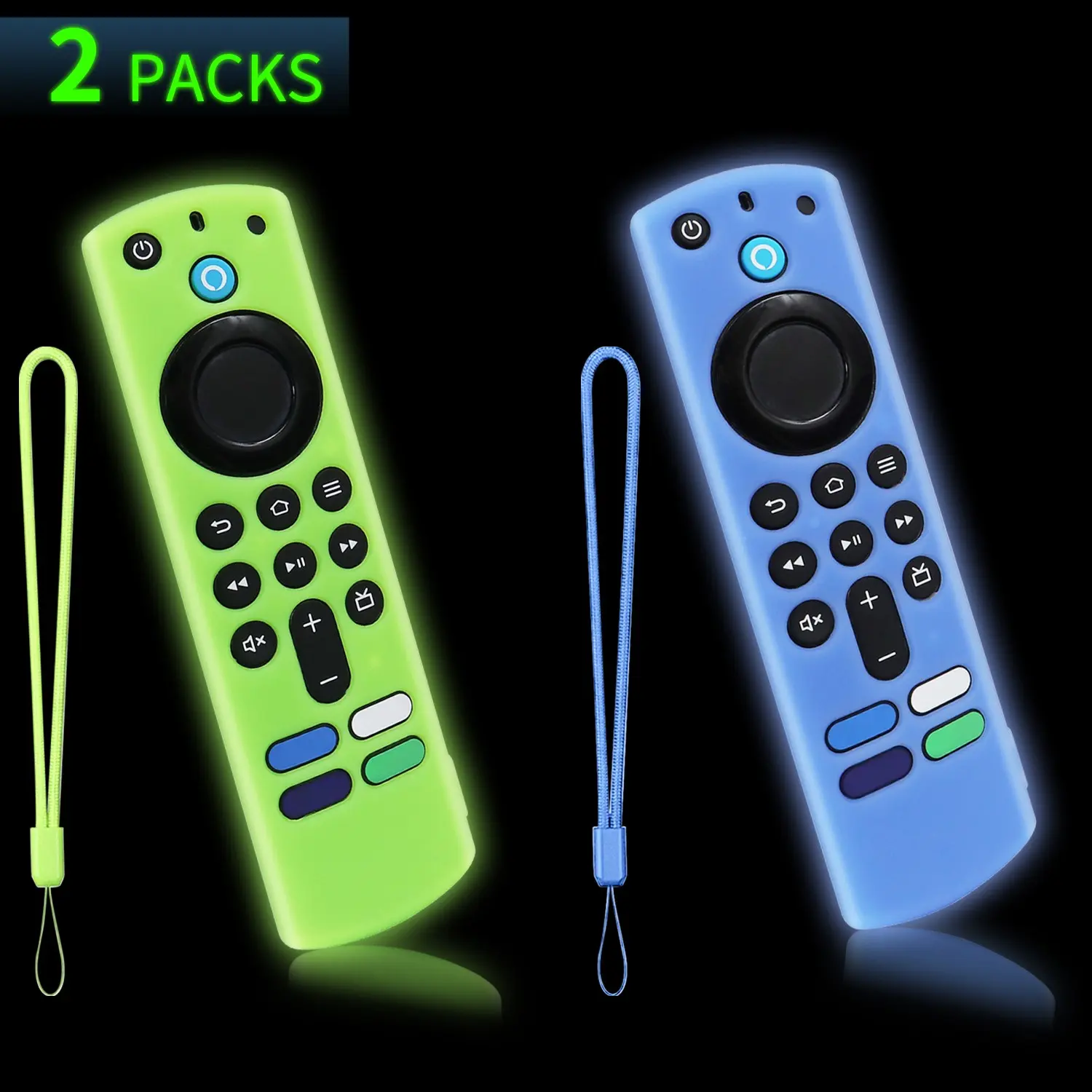 Glow in the Dark Silicone Case for Fire TV Stick Remote, Shockproof Cover with Lanyard, 2-Pack, Luminous /blue, 4K Select, 4K Plus, HD, 3rd Gen, 4K Max