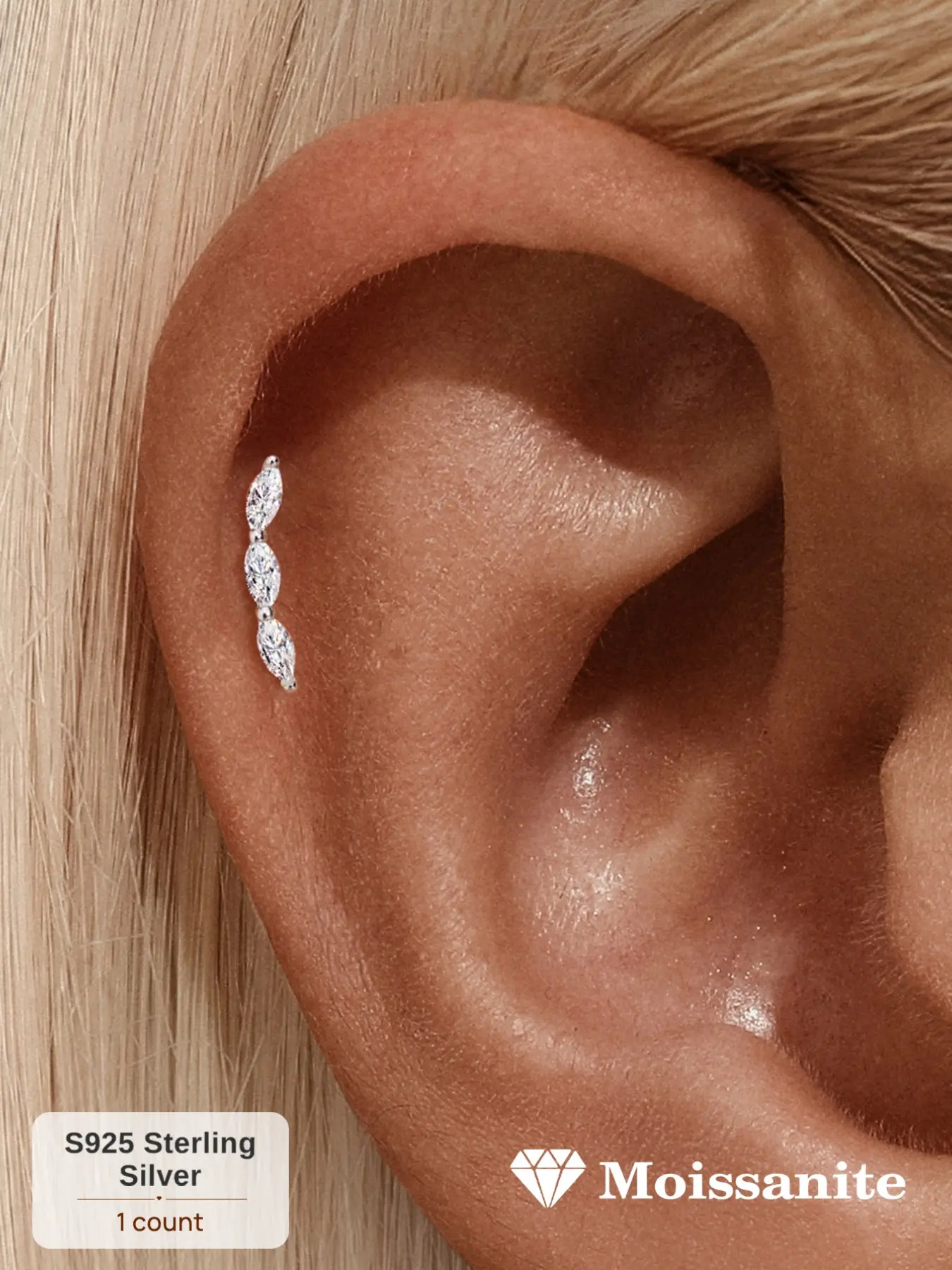 1PC Platinum-Plated S925 Sterling Silver Classic Marquise-Cut Moissanite Flat-Back Threaded Piercing Ear Studs — Hypoallergenic Cartilage Earrings, Cartilage Piercing. Ideal for Holiday Gifts, Wedding Accessories, and Daily Wear.