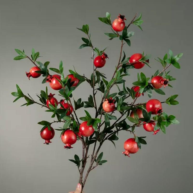Artificial flower 6-headed pomegranate branch with pomegranate fruit ornament for housewarming, New Year's decoration, home living room floor decoration