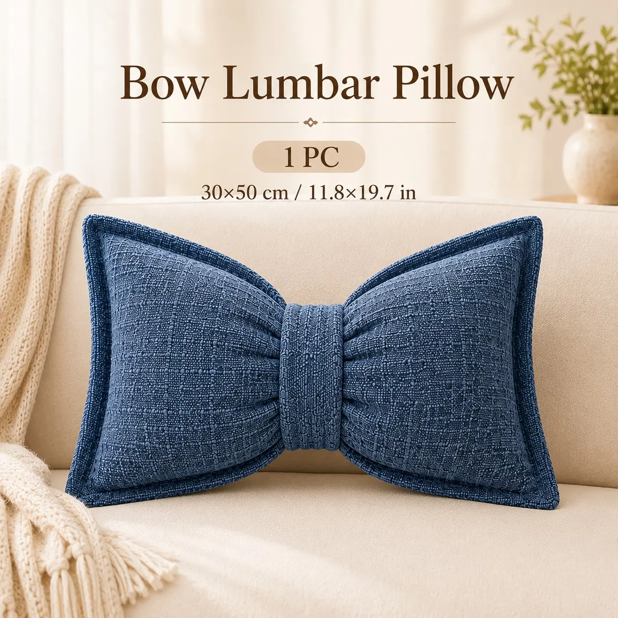 Butterfly Knot Trimmed Cushion, 30x50cm, Vintage Boho Solid Color Decorative Pillow, Living Room, Sofa, Bedroom, Airbnb, Hotel Soft Furnishings, Bow Cushion