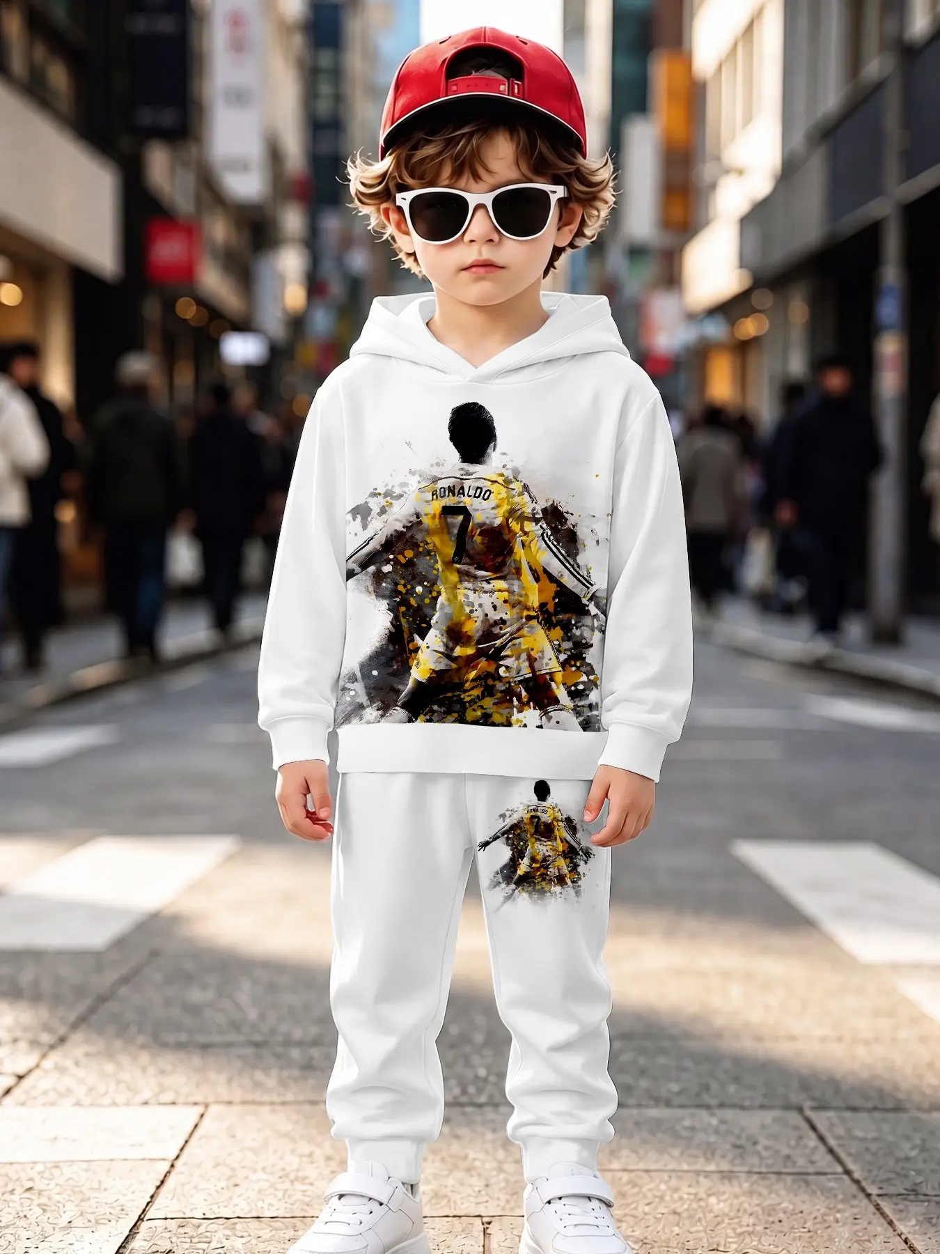 Watercolor Style Football Star Kids Fashion Hoodie Set, Two-Piece, Trendy Long Sleeve Sweatpants, Fall & Winter Wear
