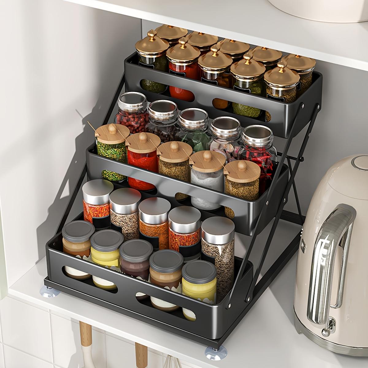 PLL 3-Layer Foldable Cast Iron Spice Rack with Safety Fence-Space-Saving Kitchen Cabinet with Countertop Organizer, Durable Paint Design, Holiday Theme Style, Simple Metal Shape, Solid Construction versatile storage