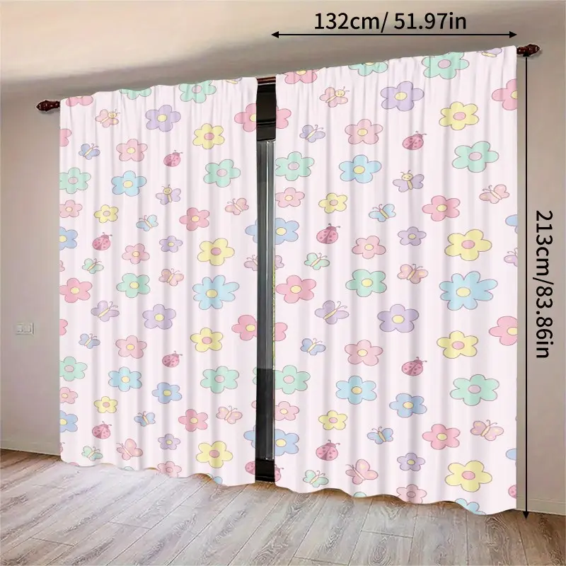 Pastel Pink Floral Butterfly Ladybug Kids Curtains 2 Panels, Soft Color Flower Print Window Drapes, Thermal Privacy Window Treatments for Girls Bedroom Nursery Playroom Home Decor