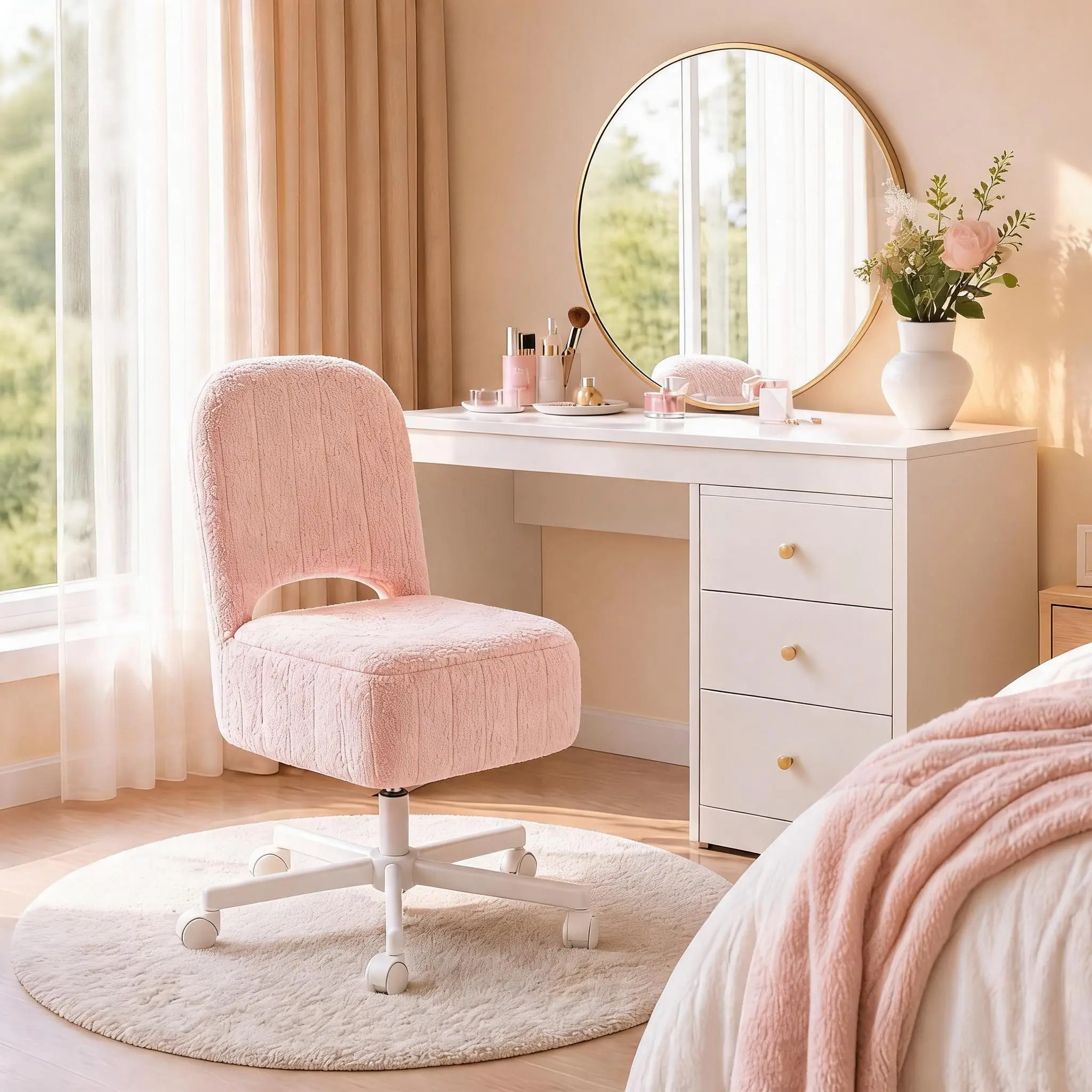 Comfy Large Vanity Chair with Wheels and Backrest – Swivel Makeup Stool with Storage Ottoman – Indentation Rabbit Fur Upholstery – Perfect for Living Room or Bedroom