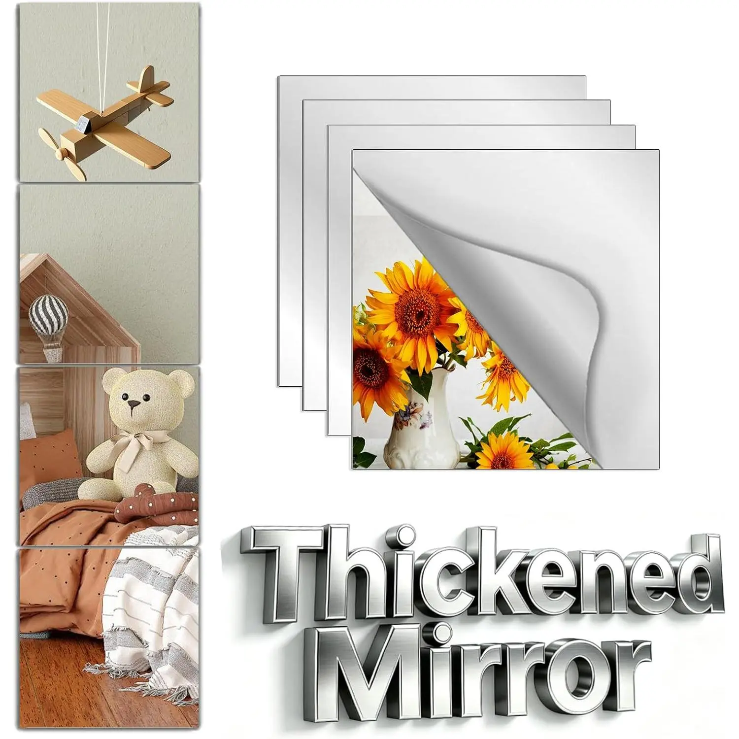 Shatterproof Peel-and-Stick Modern Synthetic Mirror Sticker Tile, 1 Pcs 8x8 in Unbreakable Plastic Adhesive Tile for Bedroom, Classroom Wall Decor