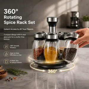 6-Jar Rotating Spice Rack Set, High Transparent Glass With Premium Silver Tops, Exquisite 6-piece Combination, Keeps Kitchen Neat And Lets You Enjoy Cooking Time.