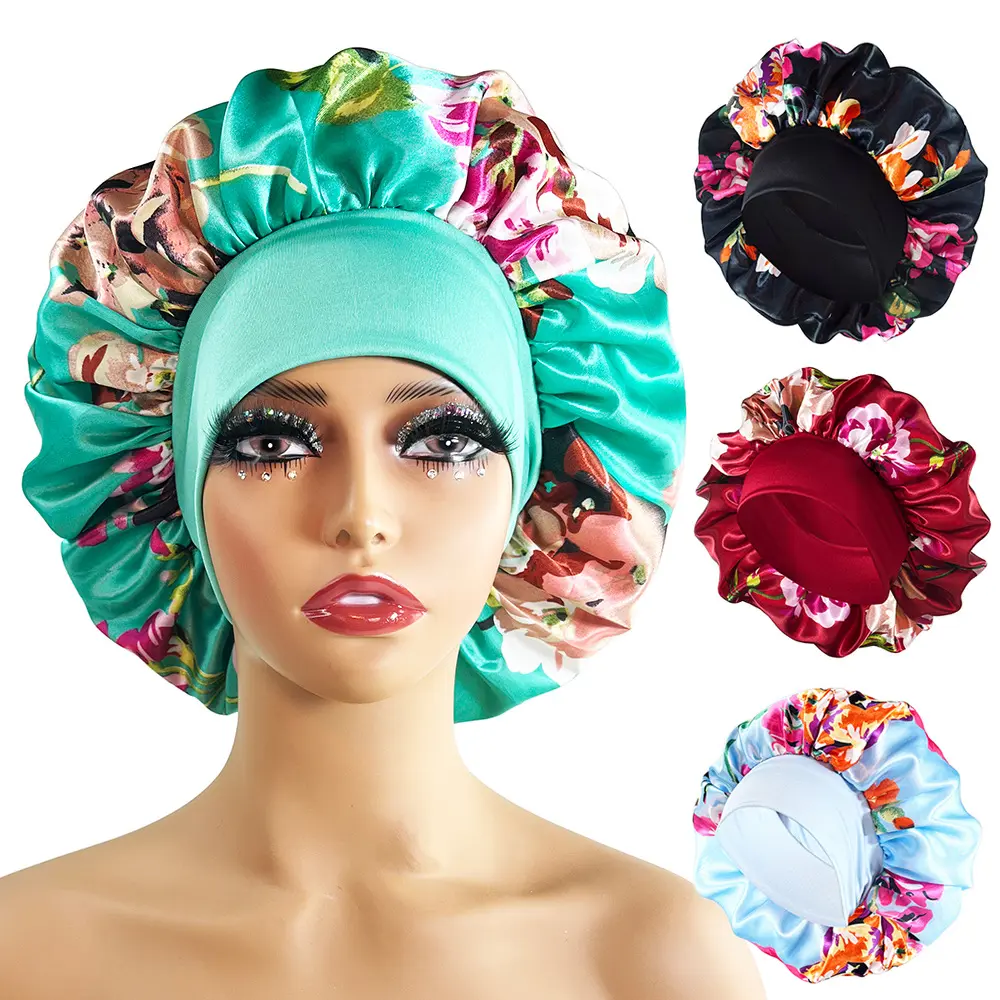 Vintage Floral Print Satin Sleep Bonnet Wide Elastic Large Dome Anti Frizz Hair Wrap For Women Curly Long Hair Night Care