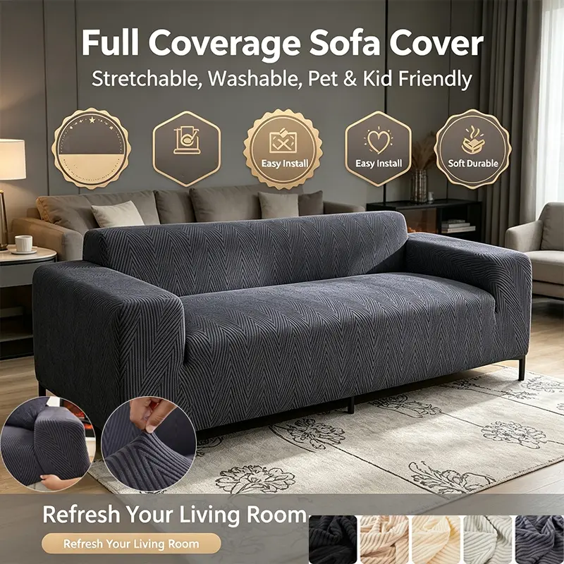 Universal Stretch Sofa Cover 1/2/3/4 Seater, Elastic Jacquard Couch Slipcover, Sofa Covers Washable, Non-Slip Washable Furniture Protector for Pets Kids, Fit All Shape Sofa, Modern Textured Slipcover for Living Room