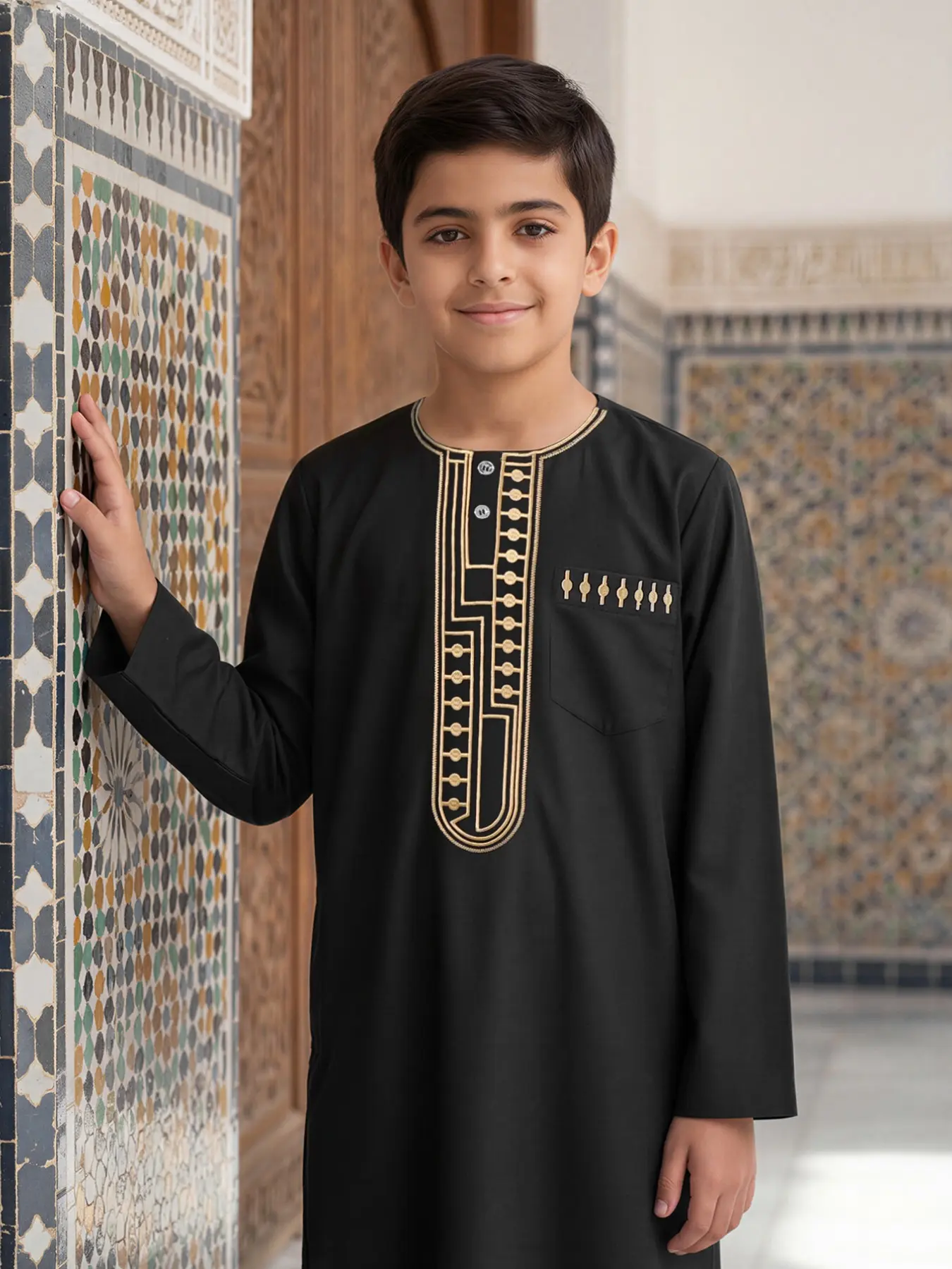Arabian Boy Elegant Embroidered Thobe, Stand Collar Button Front, Side Pockets, Suitable for Ages 8-12, Perfect for Daily Wear, Formal Events, Gifts