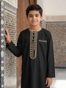 Arabian Boy Elegant Embroidered Thobe, Stand Collar Button Front, Side Pockets, Suitable for Ages 8-12, Perfect for Daily Wear, Formal Events, Gifts