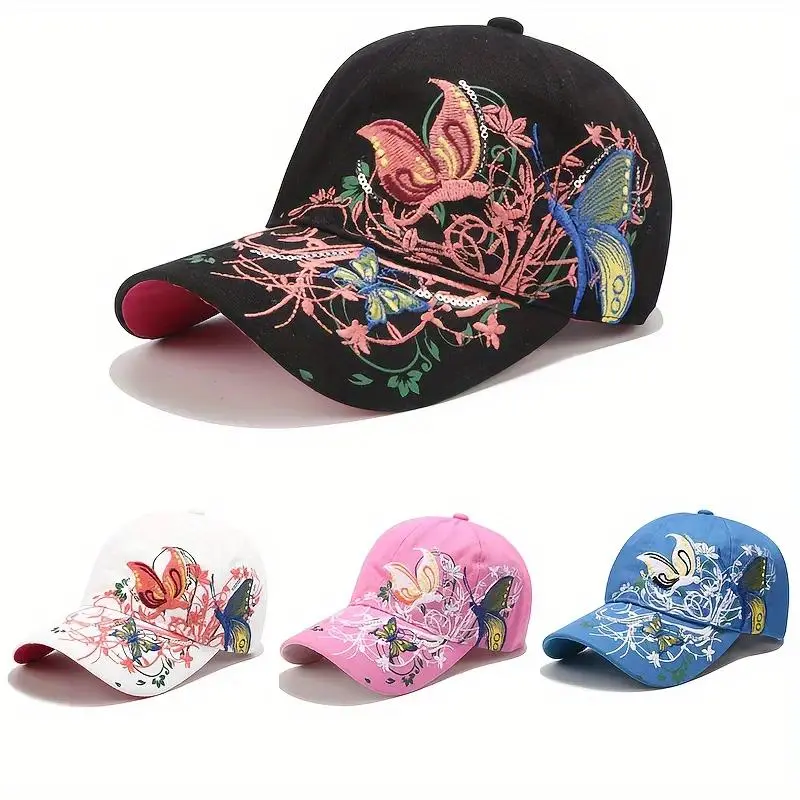 Women's Stylish Cotton Baseball Cap - Embroidered Trendy Hat with Butterfly, Street Art & Ethnic Designs, Sun Protection for Sports & Outdoor Use, Embroidery Trendy Hat