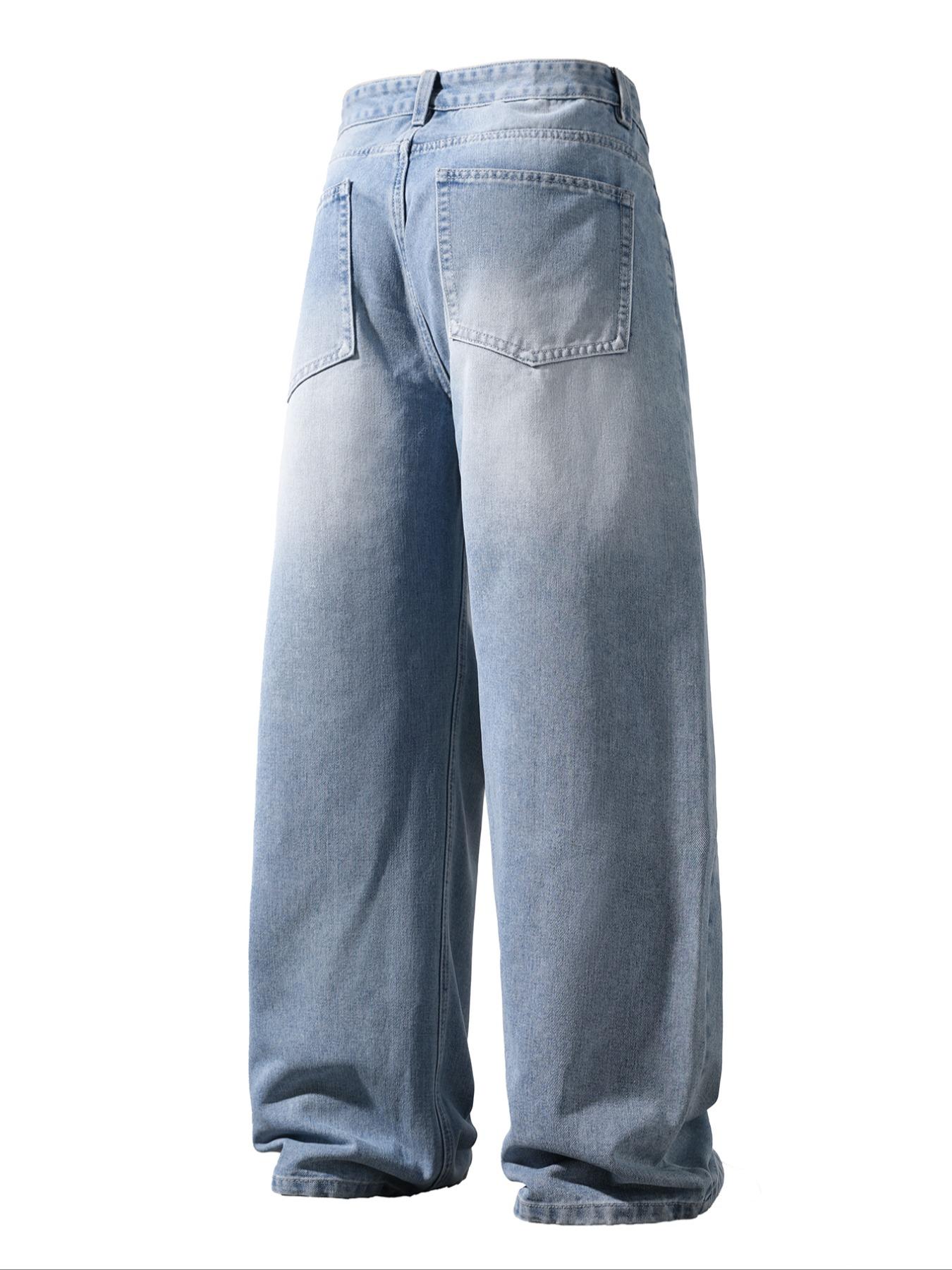 Men's Solid Color Denim Jeans, Loose Casual Comfy Wide Leg Trousers for Daily Wear, Woven Bottoms for All Seasons, Jean Pants Bottoms