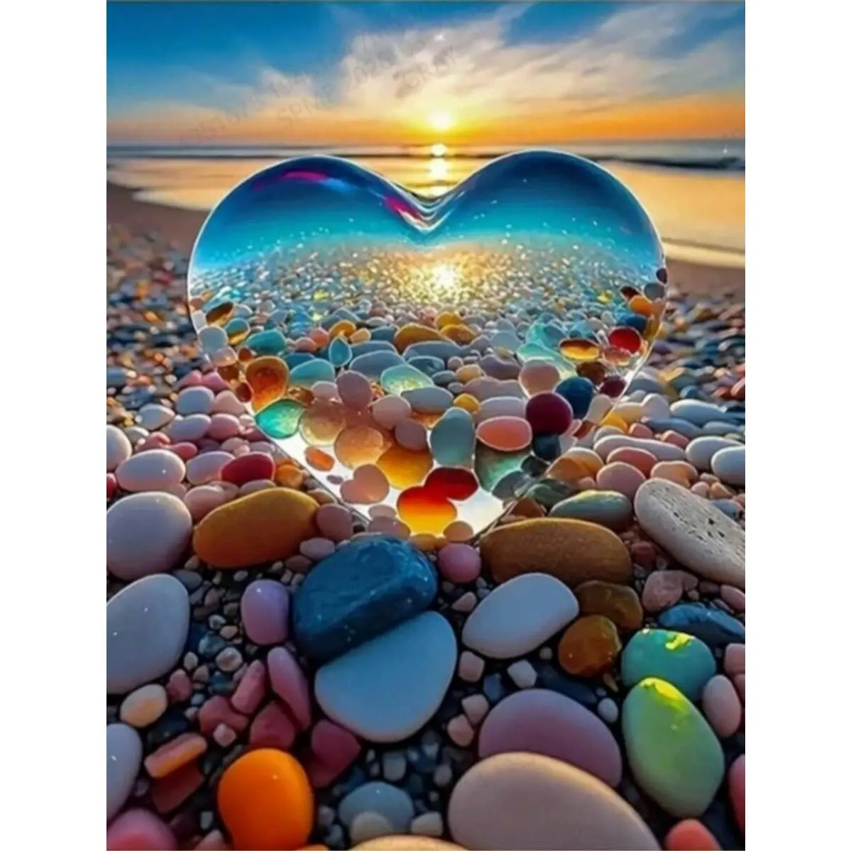 5D DIY Diamond Painting Cross Stitch Kit - Large Heart-Shaped Transparent Glass Pebble Beach Sunset Landscape, Full Round & Square Drill Crystal Rhinestone Mosaic, Stress Relief Handmade Ornament Wall Art Home Decor Gift with Full Set of Crafting Tools