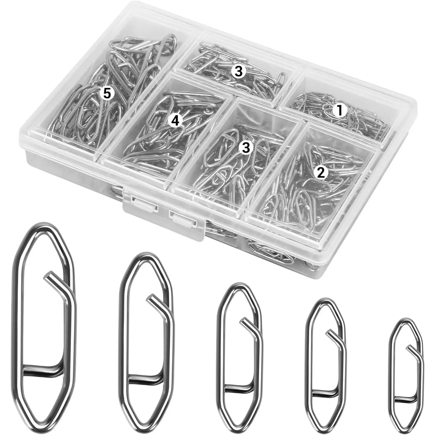 300 count Fishing Swivels in 5 Sizes, Fishing Speed Clips for Fishing Lures with A Storage Box,  Swivels for Fly Fishing, High Strenth Stainless Steel for Saltwater Fishing