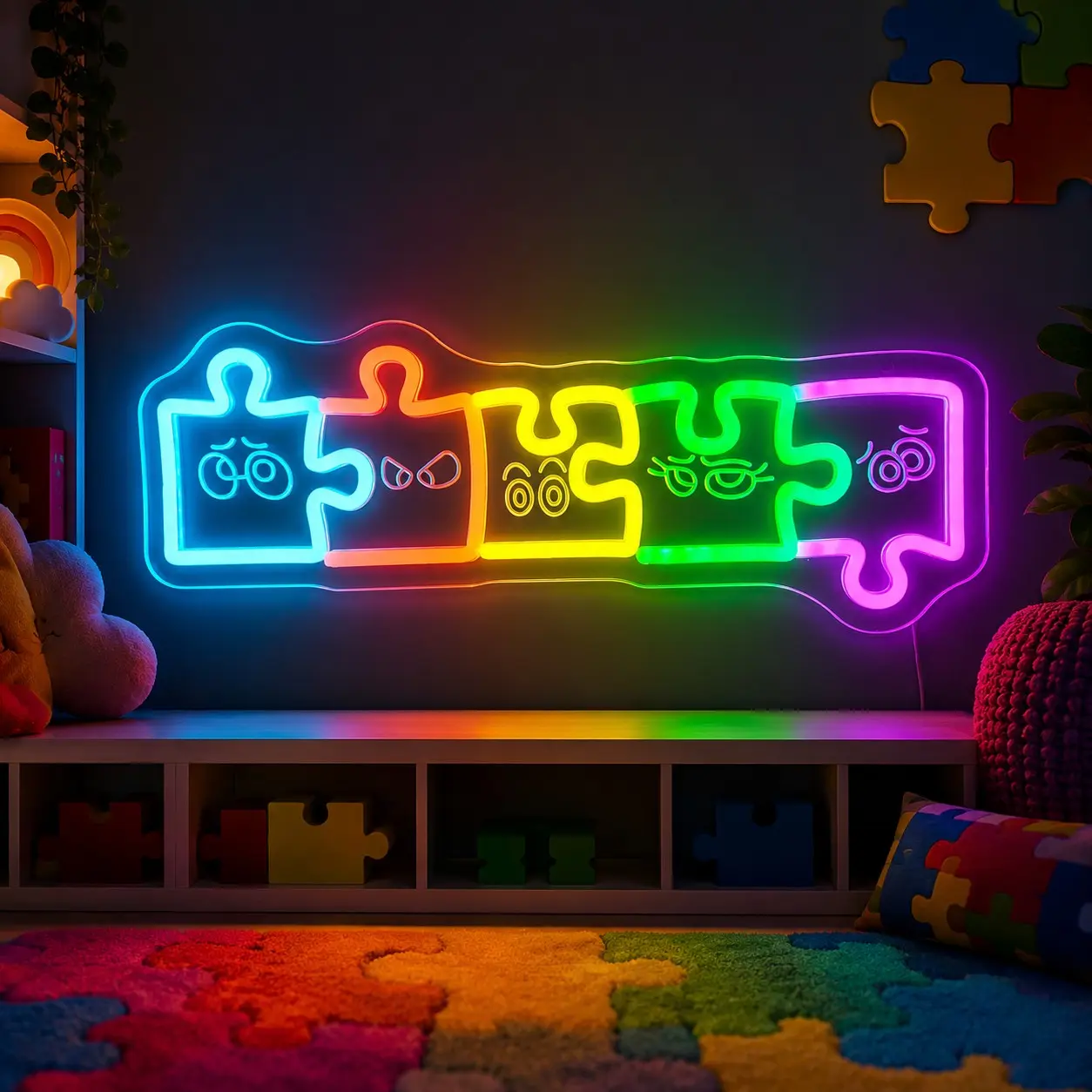 1pc Colorful Puzzle Neon Sign, Led Neon Signs, Bright Rainbow Puzzle Style LED Wall Light, Acrylic Hanging Decor with Face Details, USB Powered Sensory Room Lamp for Kids Room, Playroom, Bedroom, Gift for Puzzle Fans and Fun Wall Decor Art