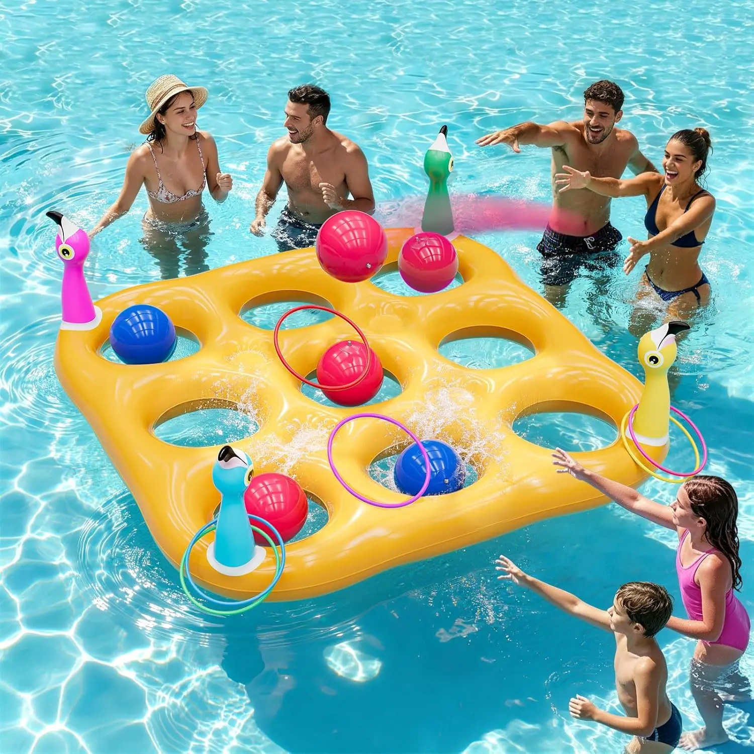 2-in-1 Giant Inflatable Tic Tac Toe Float Game & Ring Toss Game - Pool Toys Set with 10 Balls & 6 Rings, Outdoor Summer Fun for Beach Yard Swimming Pool, Perfect for Adults Teens Kids Ages 6 and Up