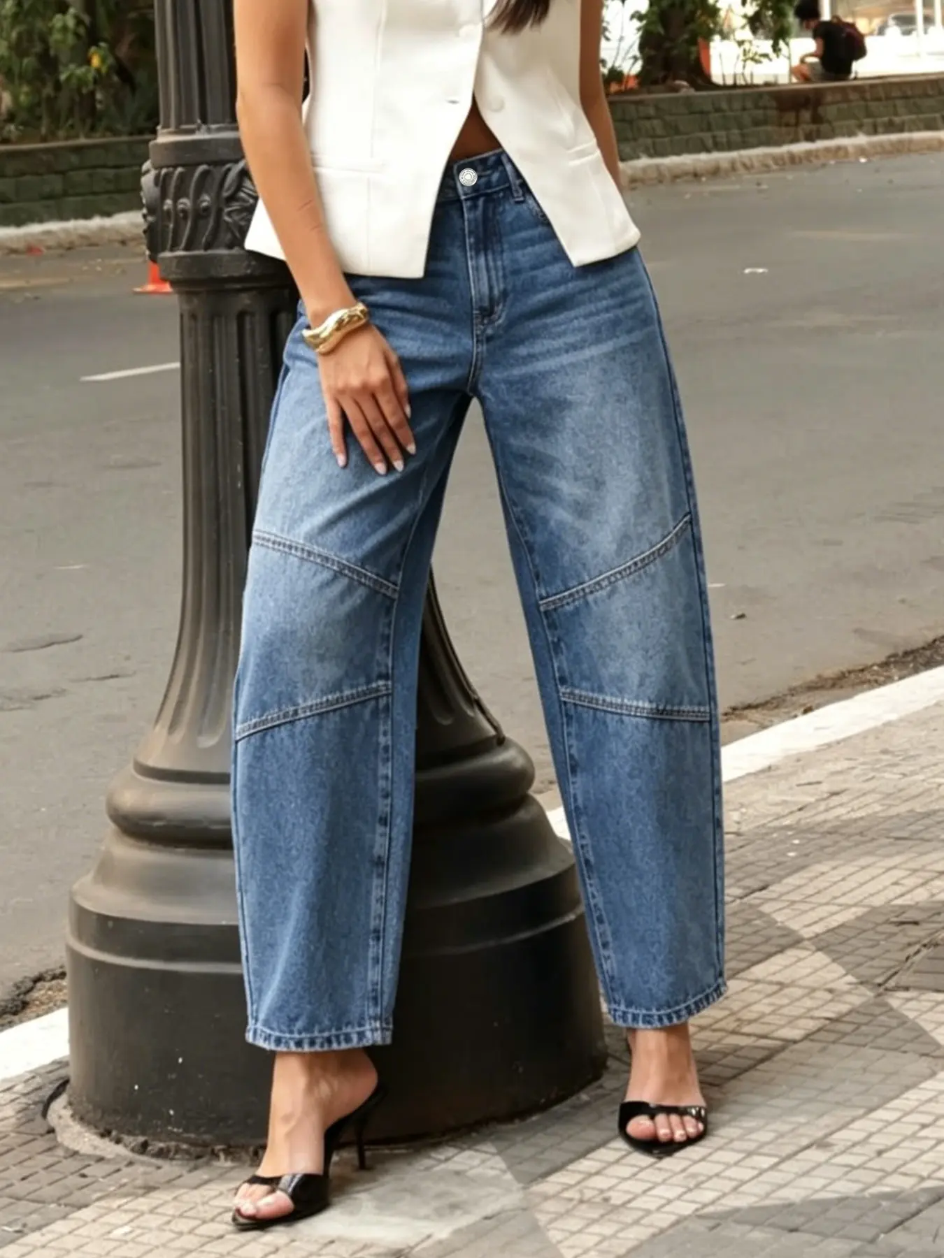 Vintage Washed Blue Jeans, Casual Fashion Denim, Wide Leg Oversized Loose Fit Straight Pants, High Waist Slimming Ankle Length, Casual Office Daily Wear for Women