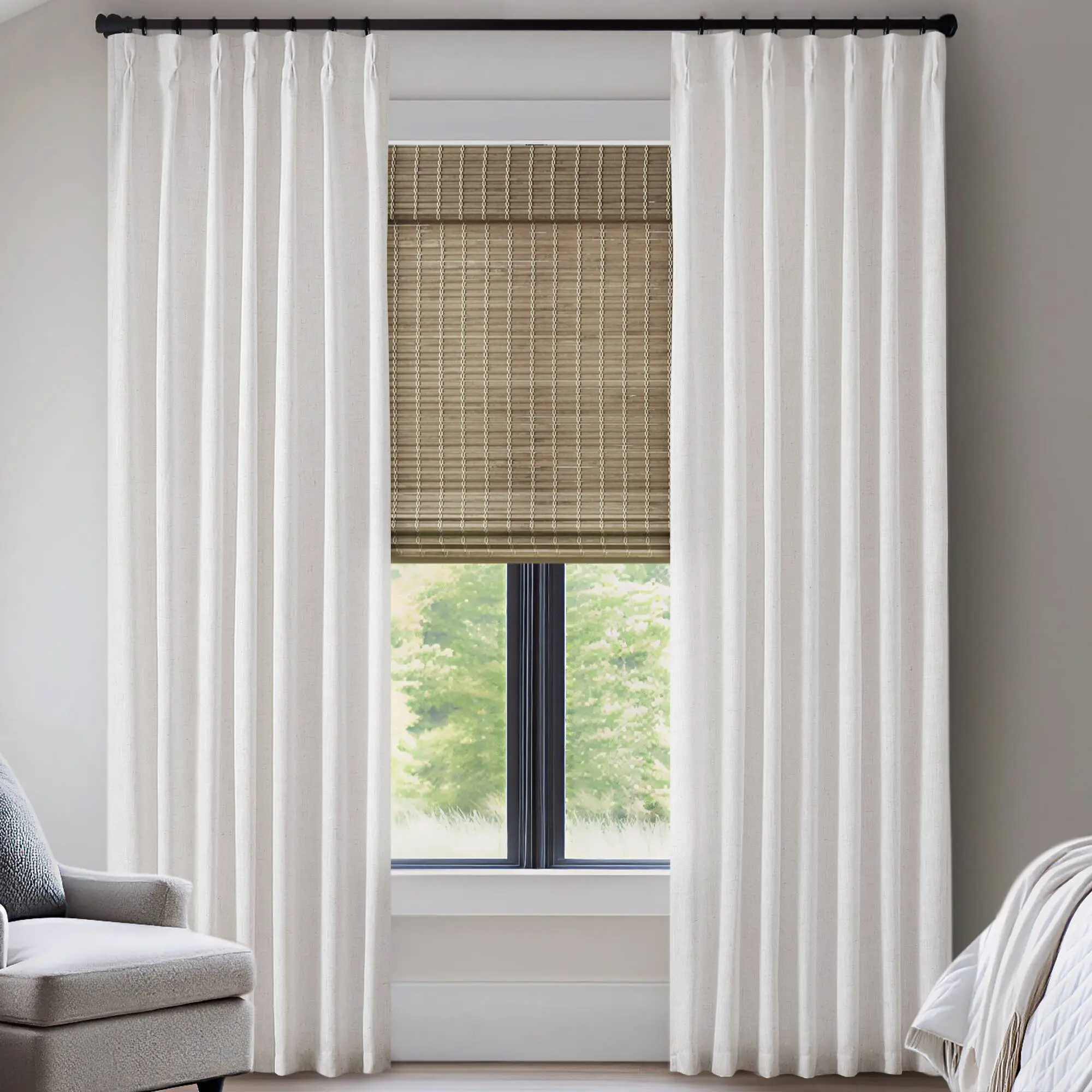 Nokaa 2-Piece 40x90 Inch 300GSM Poly Linen Pinch Pleat Curtain Panels, 7 Pleats Per Panel, Heavyweight Textured Fabric, Light Filtering Window Drapes for Living Room Bedroom, Set of 2