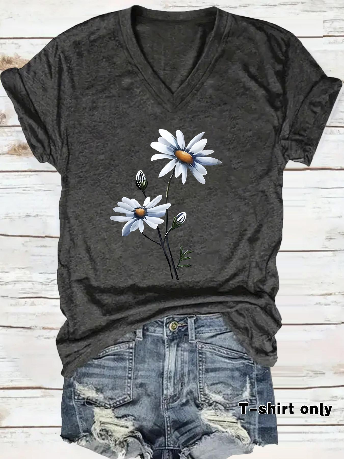 Women's Floral Print V Neck Tee, Casual Elegant Short Sleeve T-shirt for Summer, Ladies Clothes for Daily Wear, Top