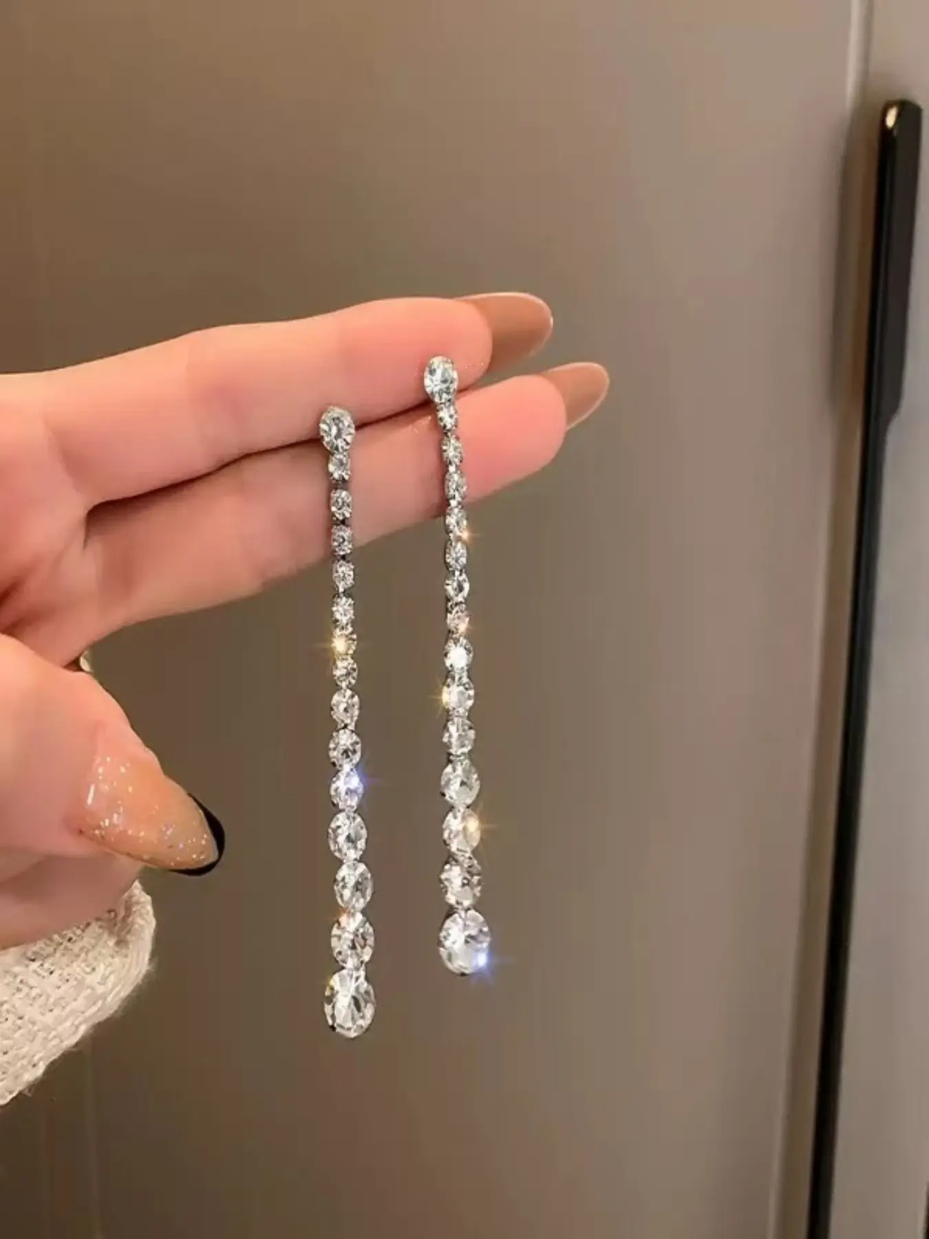 Elegant Long Fringe Earrings with Sparkling Rhinestones, Silver Color Geometric Design, Perfect Jewelry Gift for Parties and Daily Wear