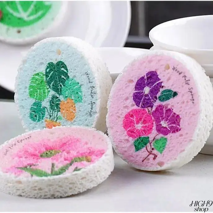 Eco-Friendly Wood Cellulose Scrubber Sponge Pads, Thickened Soft Scratch-Free Expandable High Absorbency Floral Cleaning Pads, Cute Kitchen & Bathroom Home Cleaning Tools