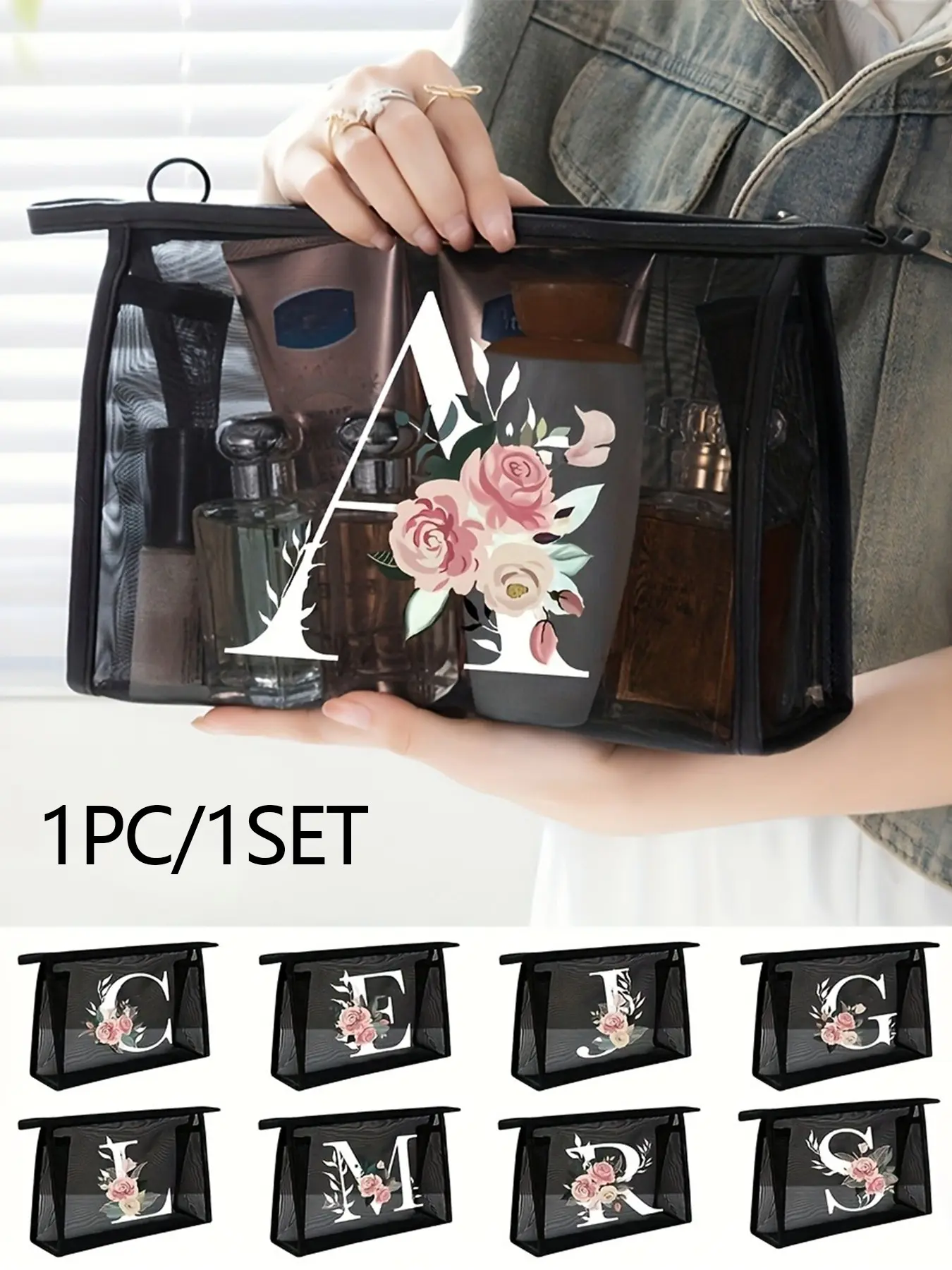 Mesh Makeup Bag with A-Z Letter Print, Transparent Pouch, Multifunctional for Cosmetics, Jewelry, Office Supplies, Travel, Home Use