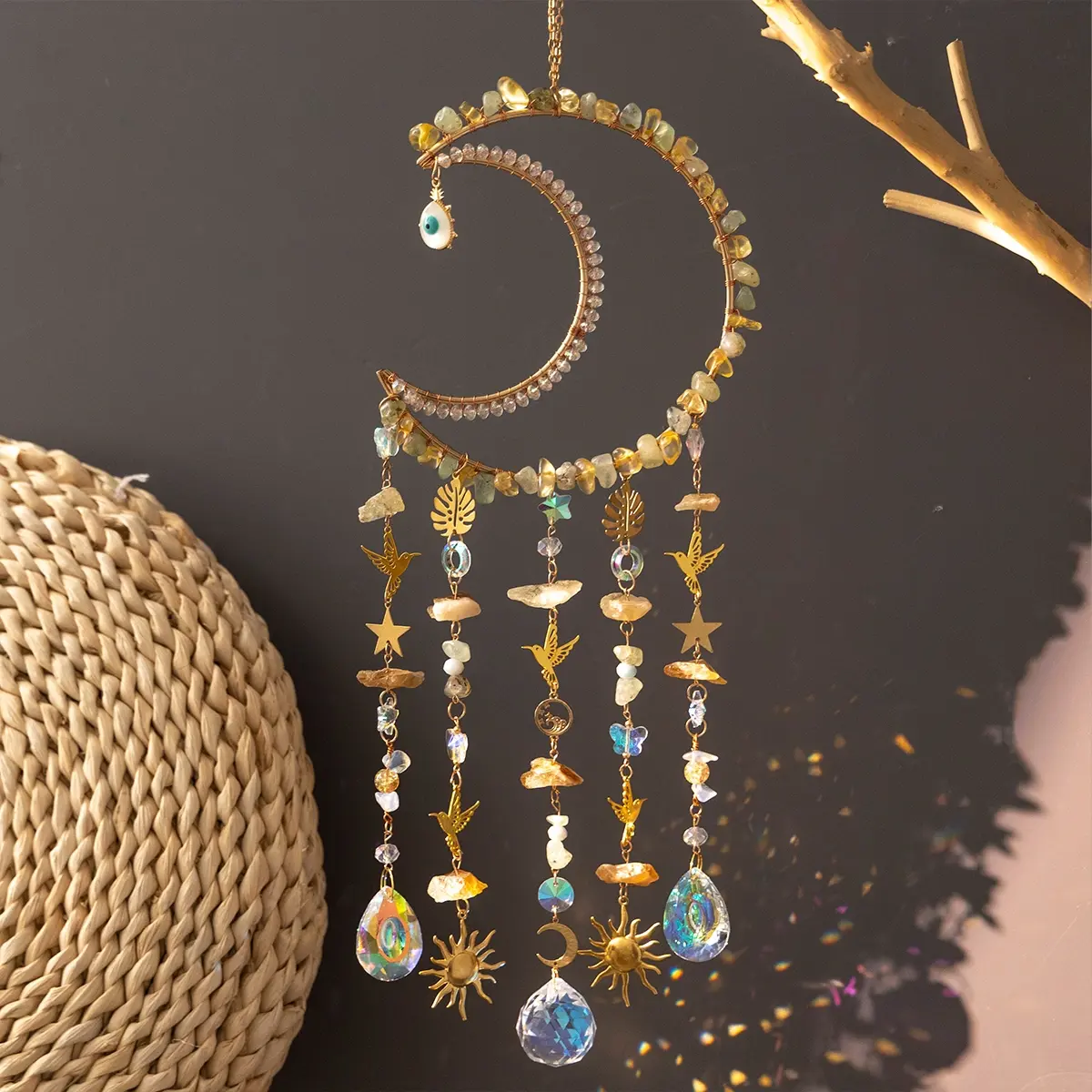 Moon & Sun Design Hanging Decor, 1 Count Creative Decorative Hanging Ornament with Pendant, Hanging Decor for Home Garden Courtyard Window, Wall Hanging Ornament, Aesthetic Wall Decor
