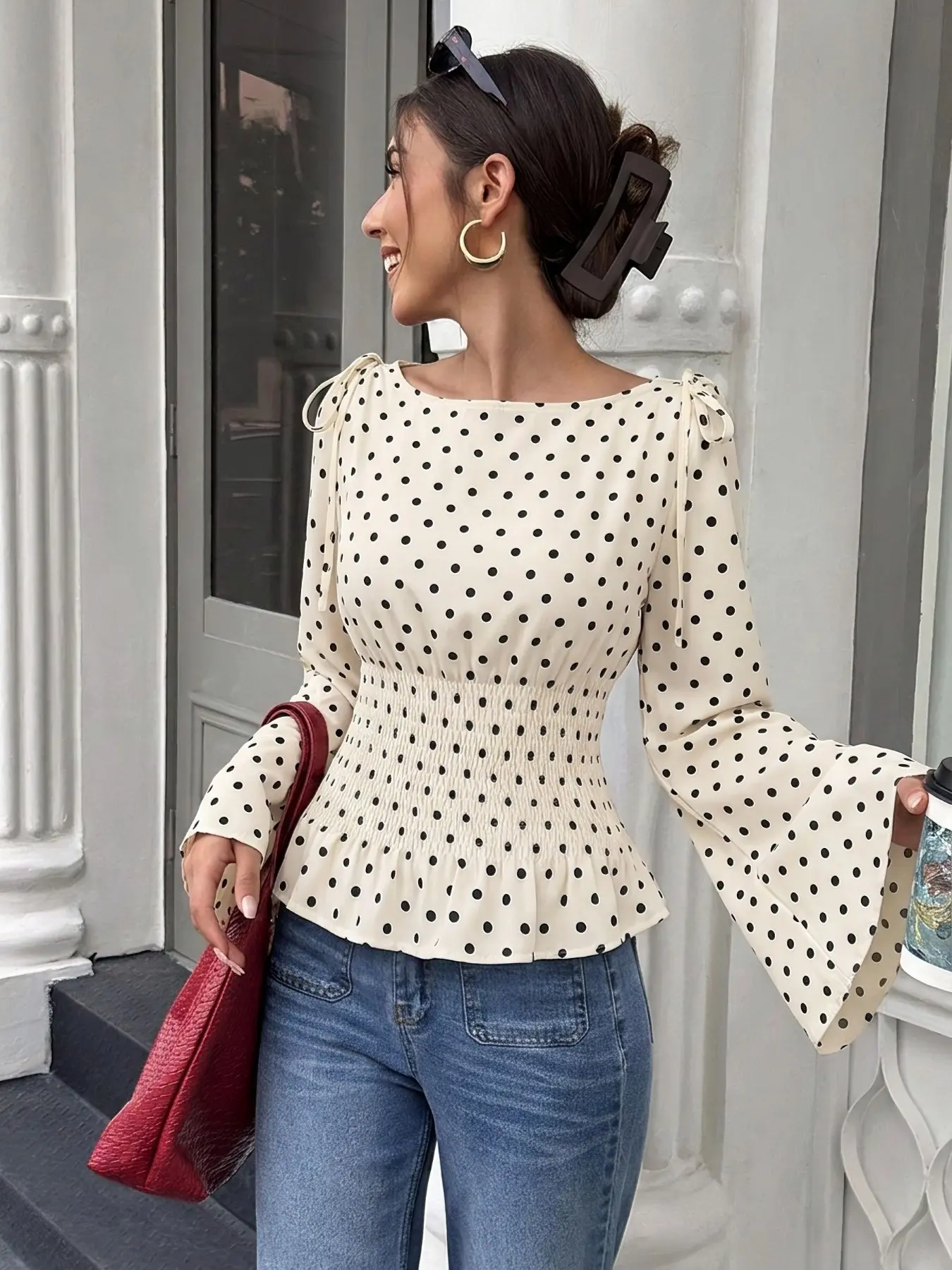 Women's Black White Polka Dot Boat Neck Blouse, Long Flare Sleeve Smocked Waist Peplum Top, Shoulder Tie Detail Elegant Fitted Shirt, Vintage Retro Fashion Tops, Chic Dressy Blouses for Daily Dating Office Party Holiday Street Outfits, Stylish Women Slim