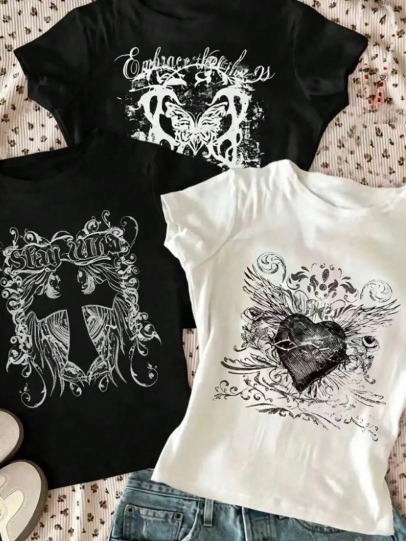 3-Pack Girls' Retro Short Sleeve T-Shirts, Dark Butterfly Heart Wing Letter Print, Soft Fabric Street Style, Perfect for Parties and Travel