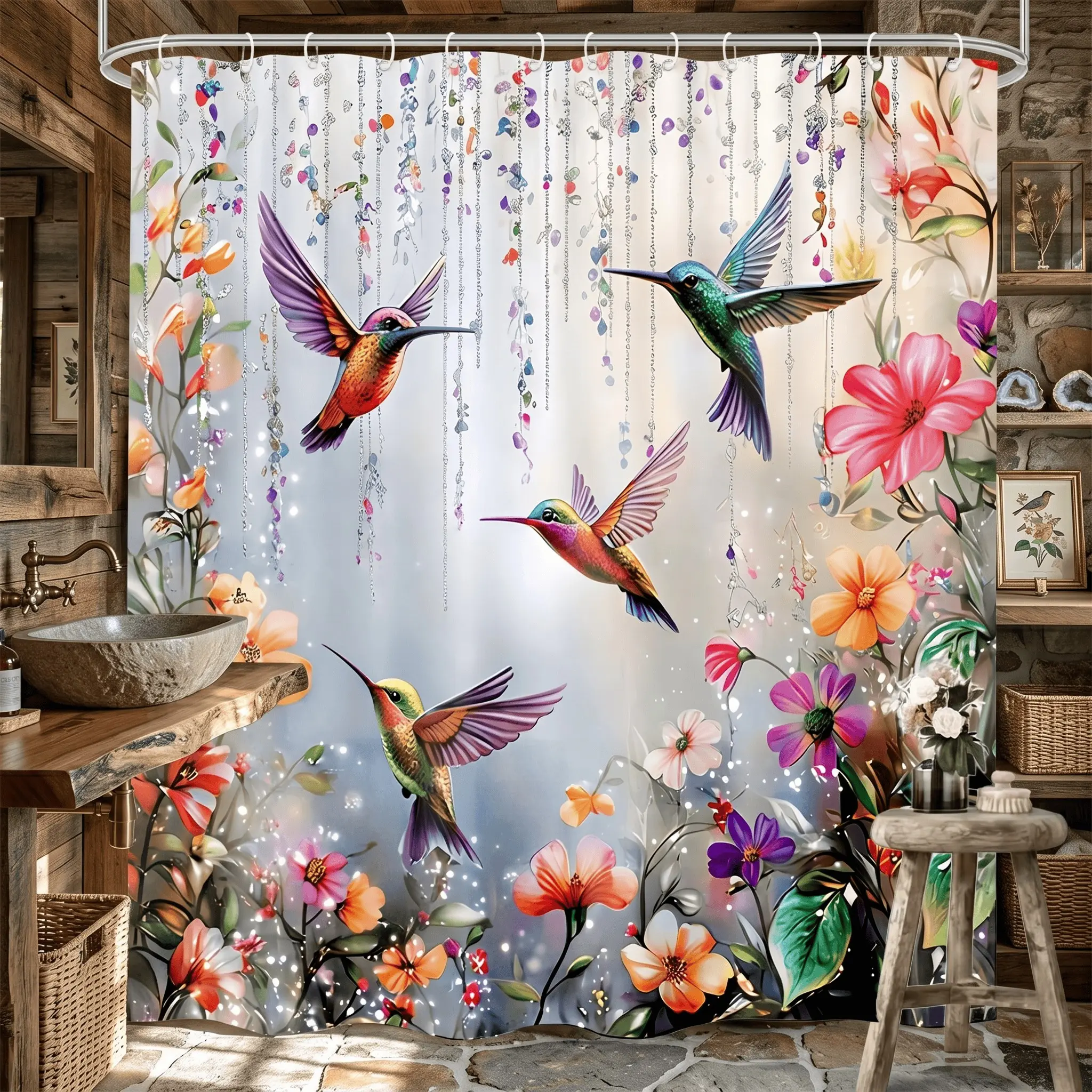 1pcs Elegant Hummingbird Botanical Printed Shower Curtain, Colorful Floral Print, Modern Bathroom Decor, Perfect Gift for Nature Lovers