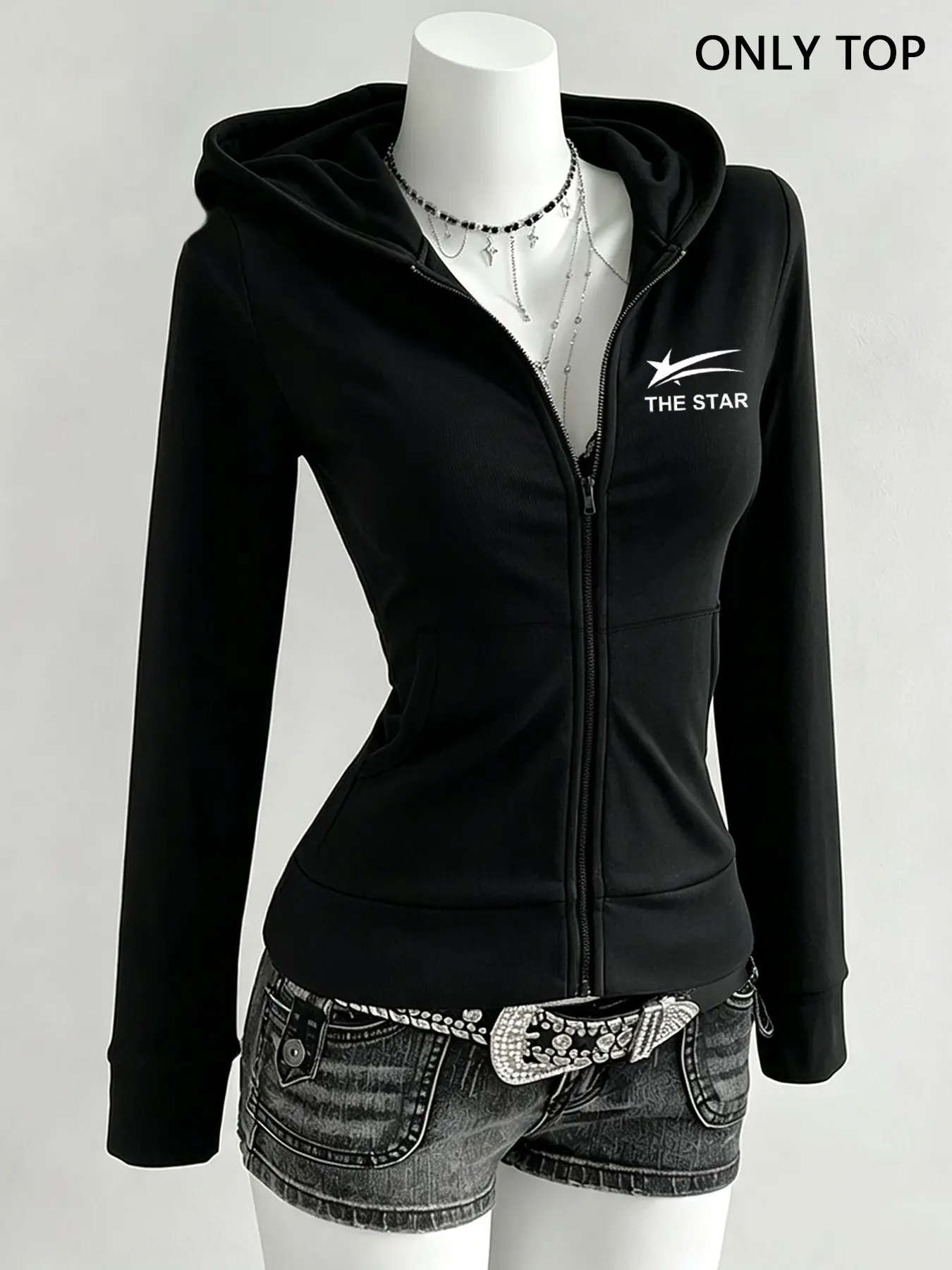 Women Star Gothic  Letter Print Zip Up Hoodie Jacket, Slim Fit Waist Cinched Y2K Casual Coat For Streetwear Daily & Club Occasions  -Winter Graphic Sweatshirt  Fleece‑Lined