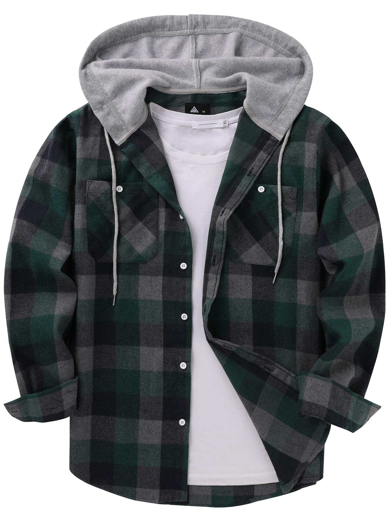 Men's Plaid Button-Front Drawstring Hooded Shirt, Regular Fit Casual Long-Sleeve Outerwear with Pockets for Spring and Fall, Men's Clothes for Daily Wear