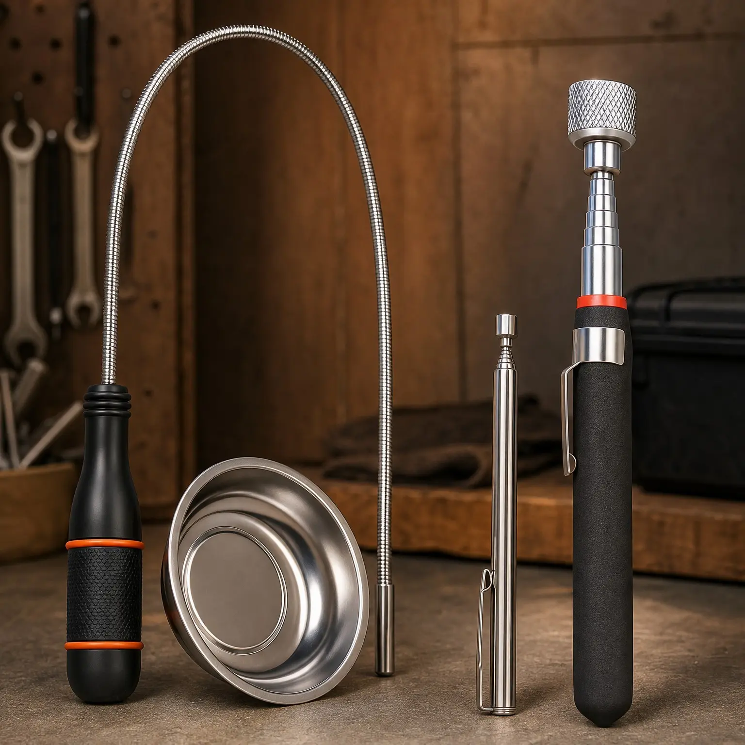 4-Piece Telescoping Magnetic Pickup Tools Set with Extendable Flexible Bendable Spring Magnet Stick